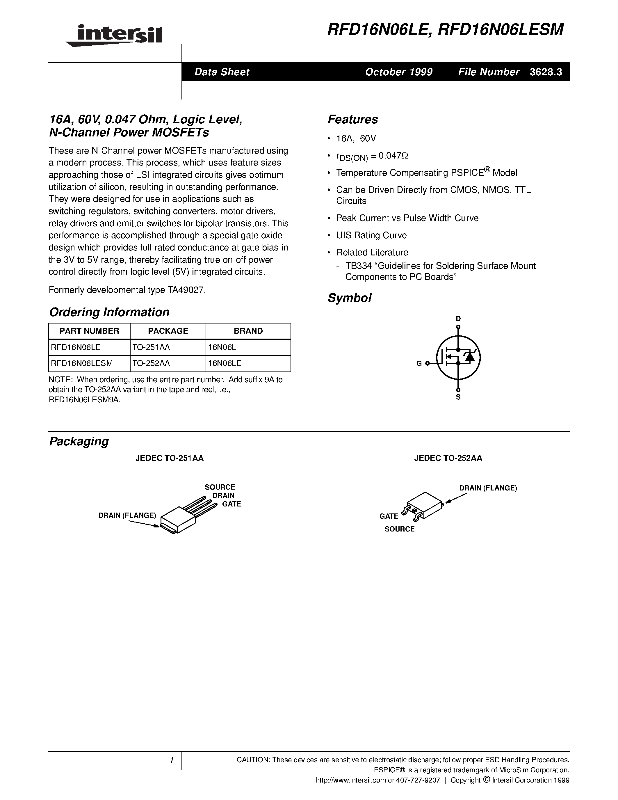 Datasheet RFD16N06LESM page 1 Datasheet RFD16N06LESM - 16A/ 60V/ 0.047 Ohm/ Logic Level/ N-Channel Power MOSFETs page 1