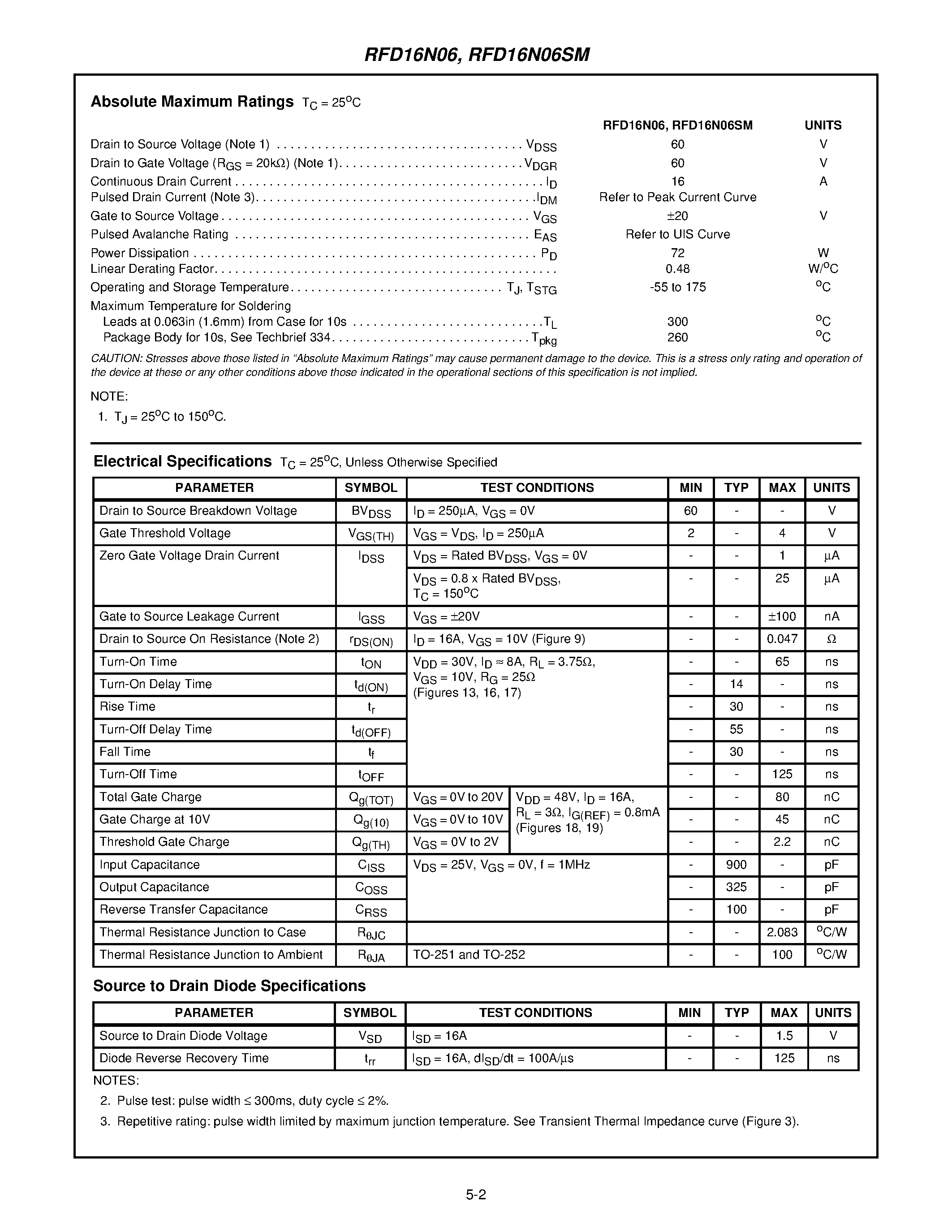 Datasheet RFD16N06SM page 2 Datasheet RFD16N06SM - 16A/ 60V/ 0.047 Ohm/ N-Channel Power MOSFET page 2