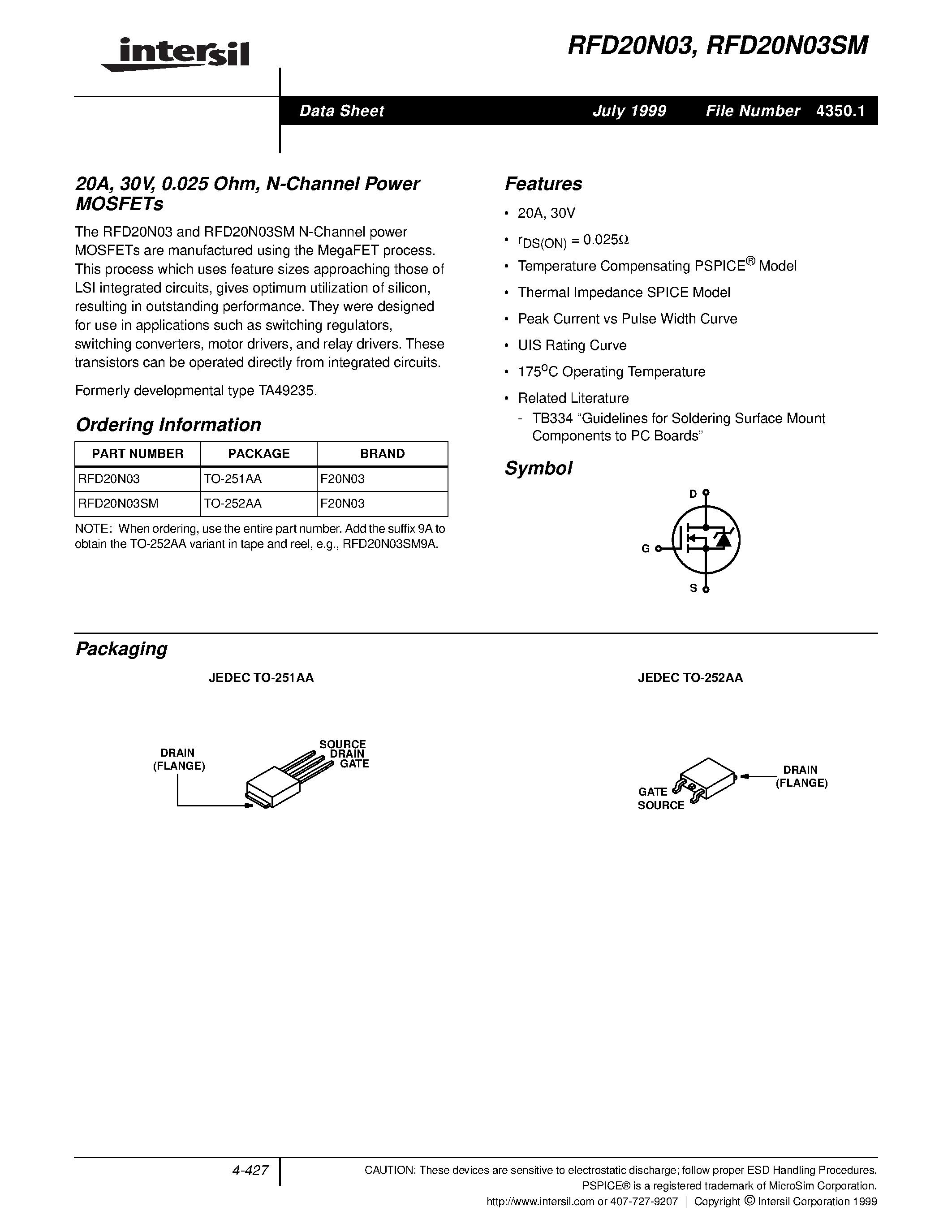 Datasheet RFD20N03 - 20A/ 30V/ 0.025 Ohm/ N-Channel Power MOSFETs page 1