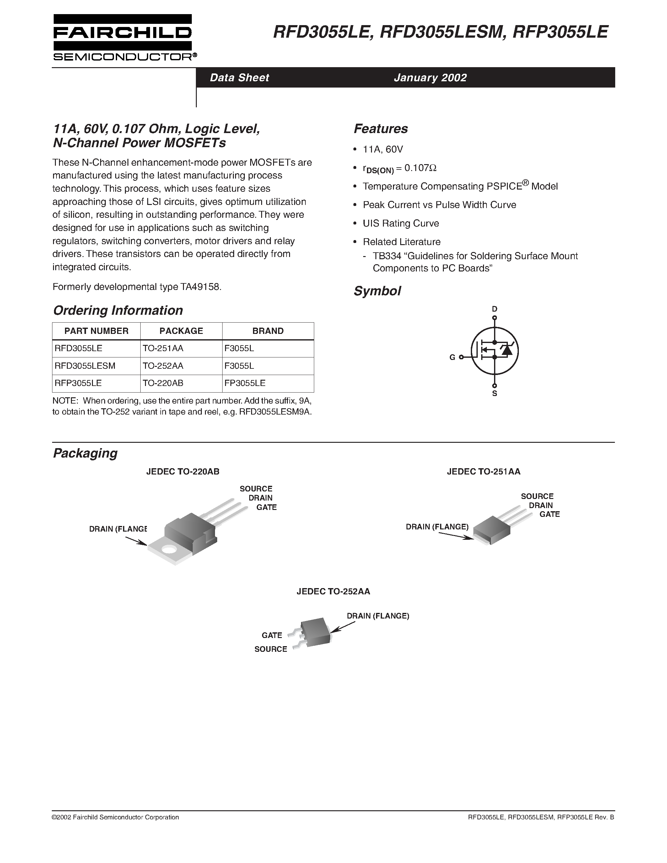 Datasheet RFD3055LE - 11A/ 60V/ 0.107 Ohm/ Logic Level/ N-Channel Power MOSFETs page 1