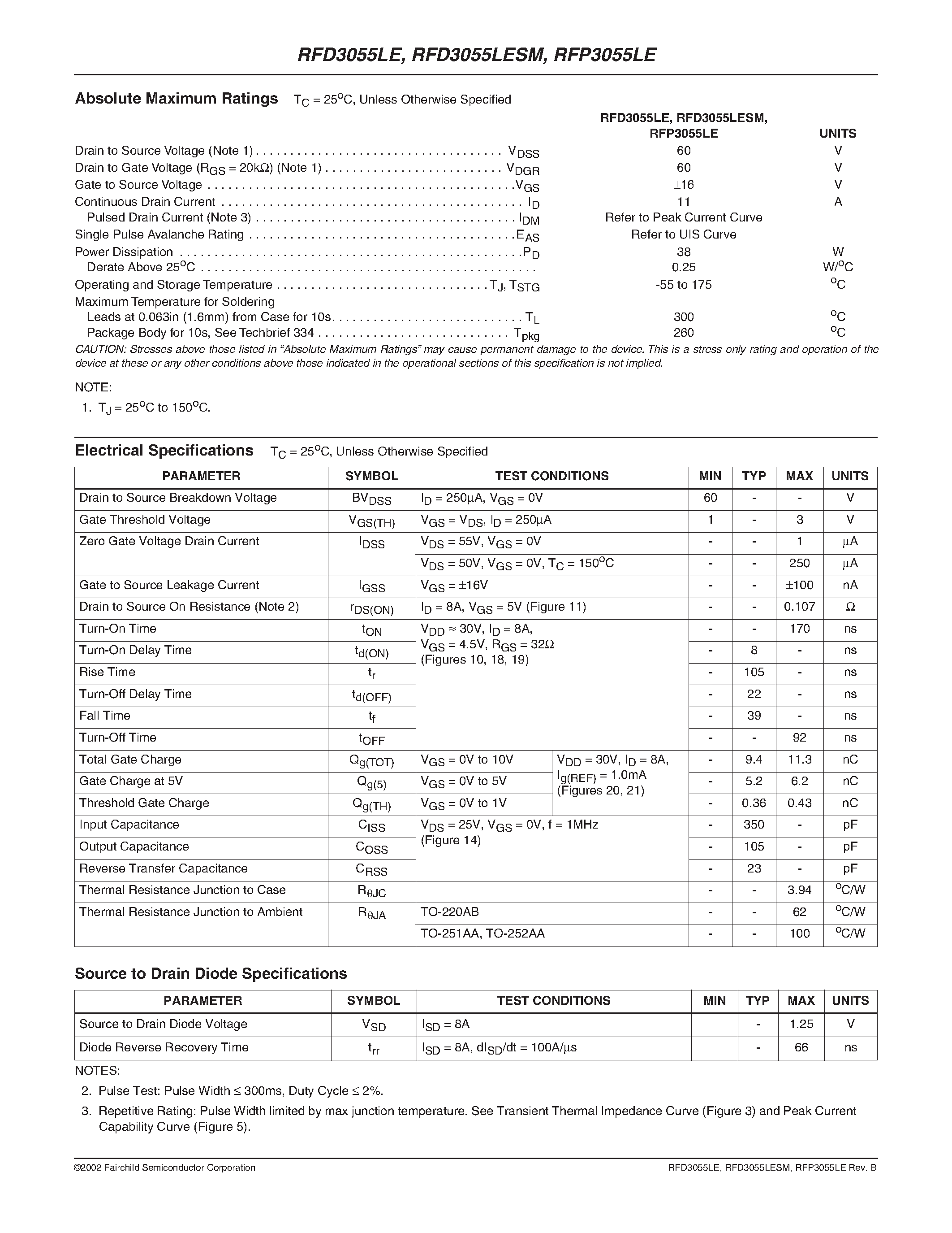 Datasheet RFD3055LE - 11A/ 60V/ 0.107 Ohm/ Logic Level/ N-Channel Power MOSFETs page 2