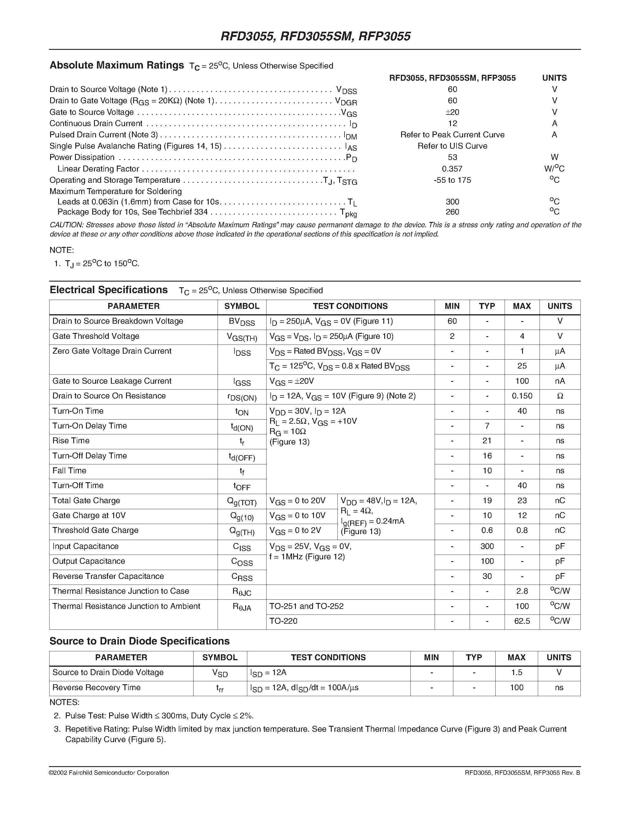 Datasheet RFD3055SM - 12A/ 60V/ 0.150 Ohm/ N-Channel Power MOSFETs page 2
