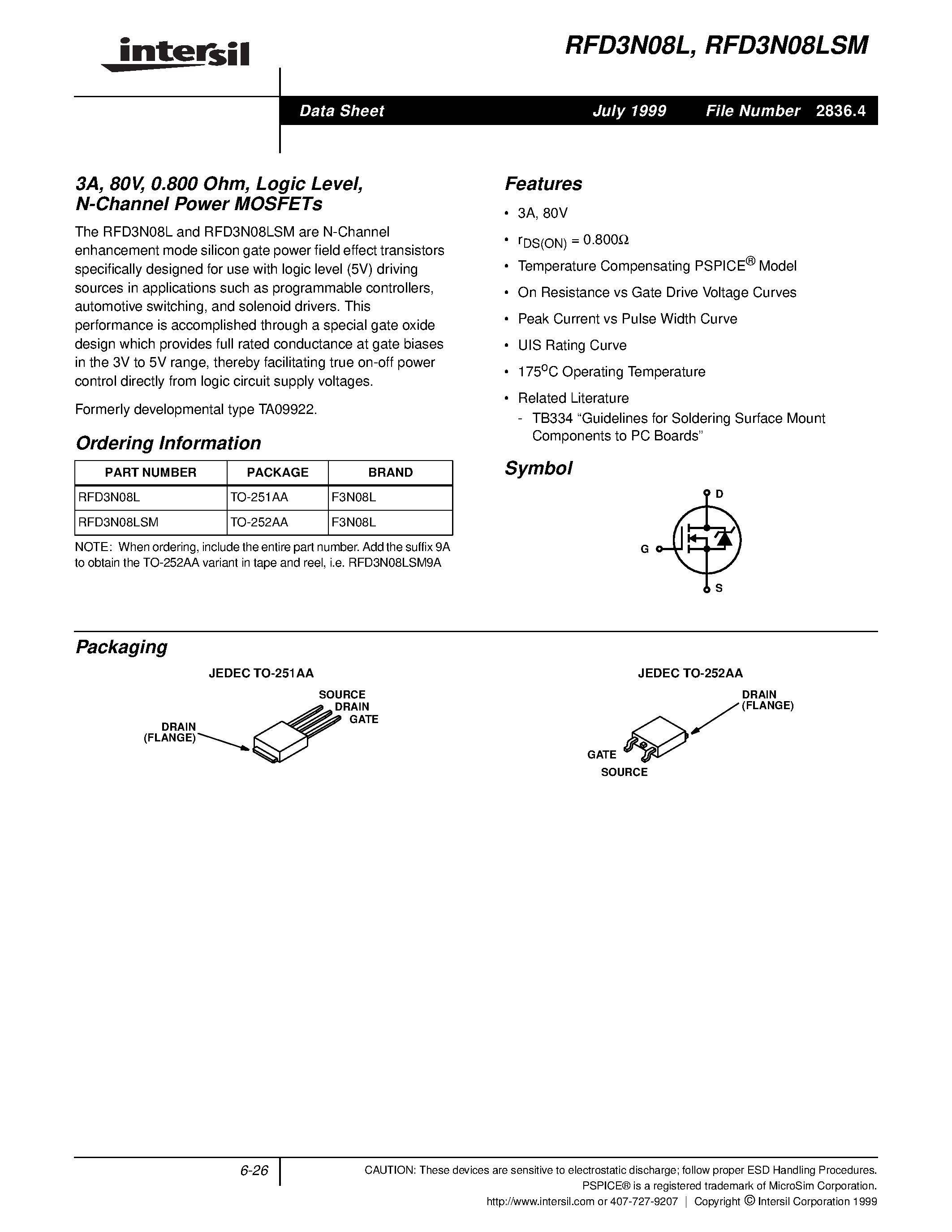 Datasheet RFD3N08 page 1 Datasheet RFD3N08 - 3A/ 80V/ 0.800 Ohm/ Logic Level/ N-Channel Power MOSFETs page 1