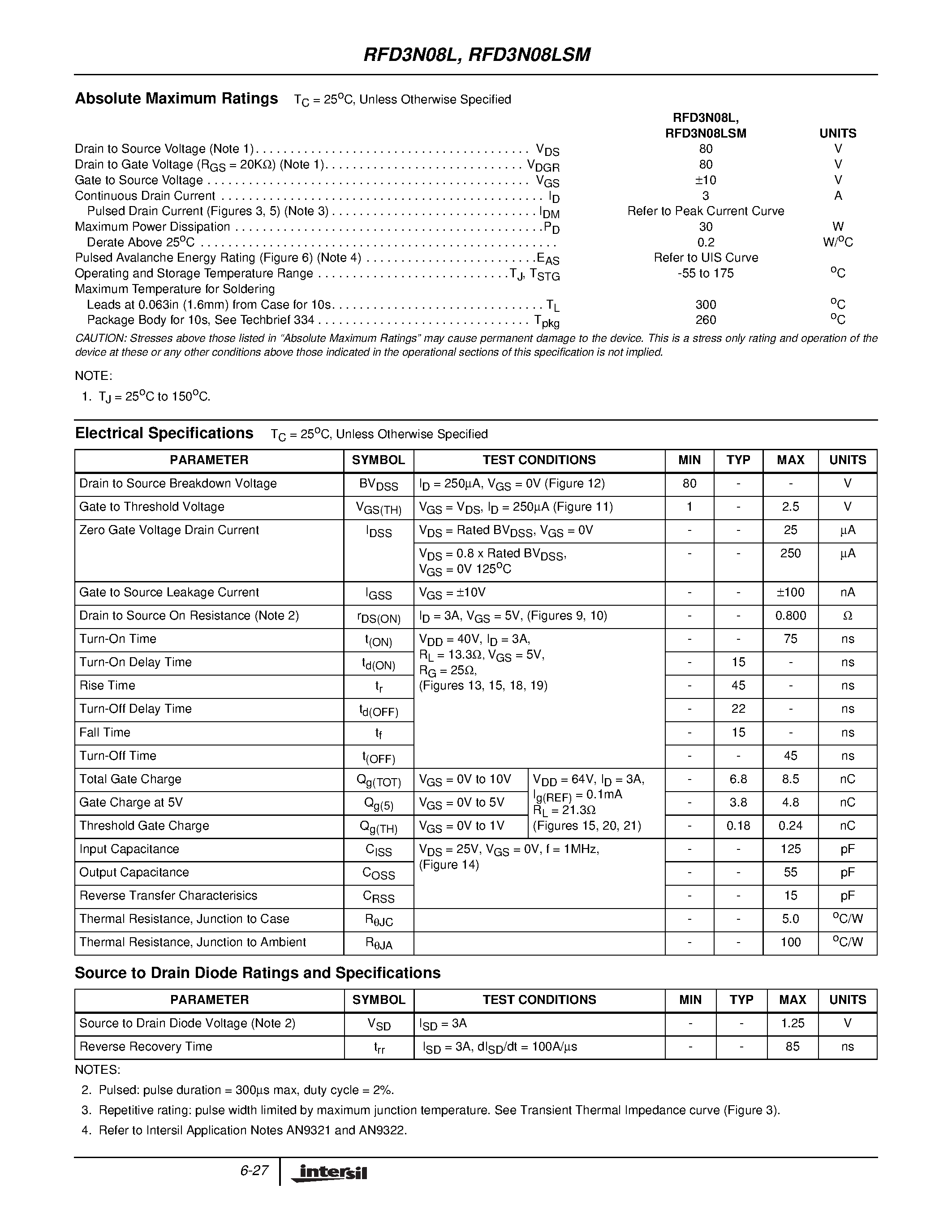 Datasheet RFD3N08L page 2 Datasheet RFD3N08L - 3A/ 80V/ 0.800 Ohm/ Logic Level/ N-Channel Power MOSFETs page 2