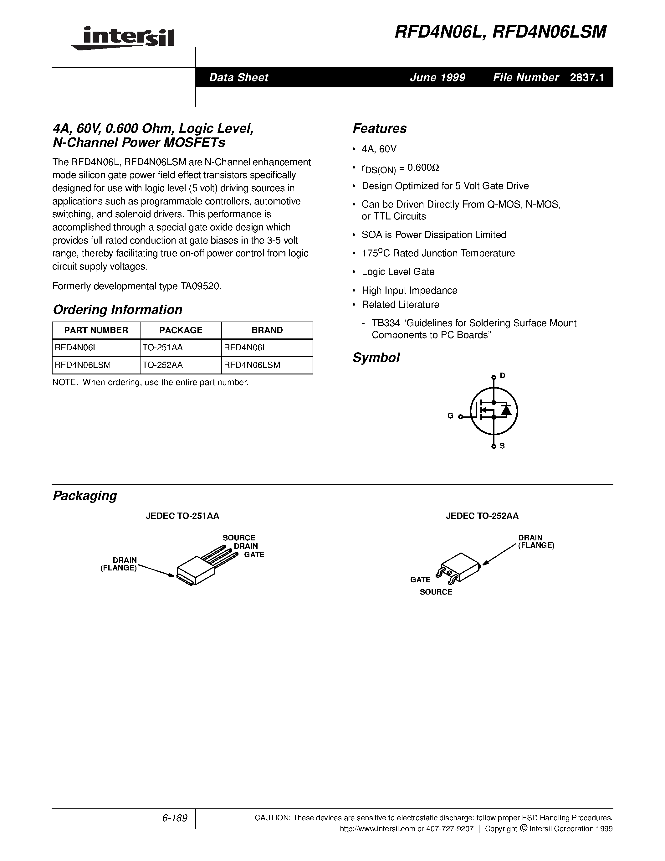 Datasheet RFD4N06LSM - 4A/ 60V/ 0.600 Ohm/ Logic Level/ N-Channel Power MOSFETs page 1