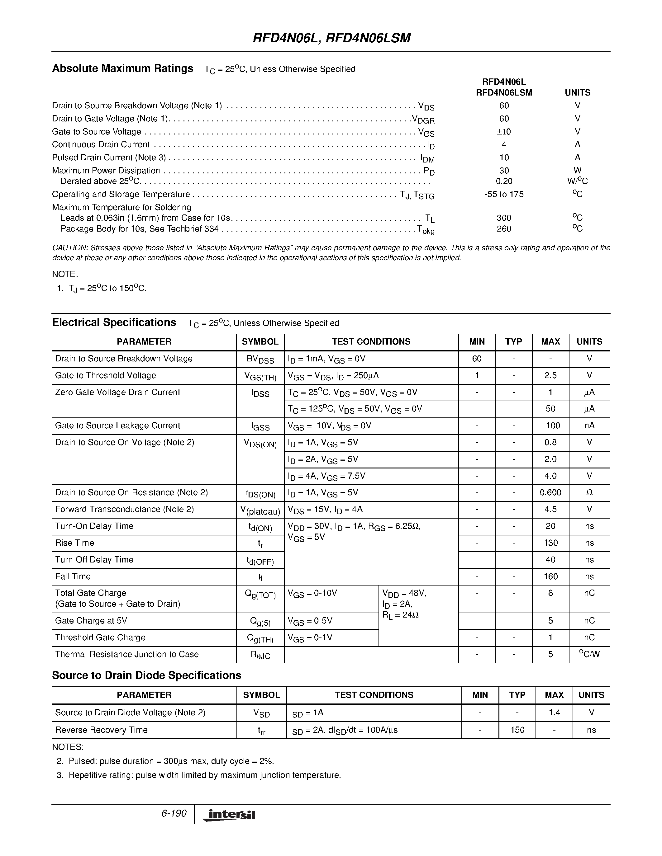 Datasheet RFD4N06LSM - 4A/ 60V/ 0.600 Ohm/ Logic Level/ N-Channel Power MOSFETs page 2