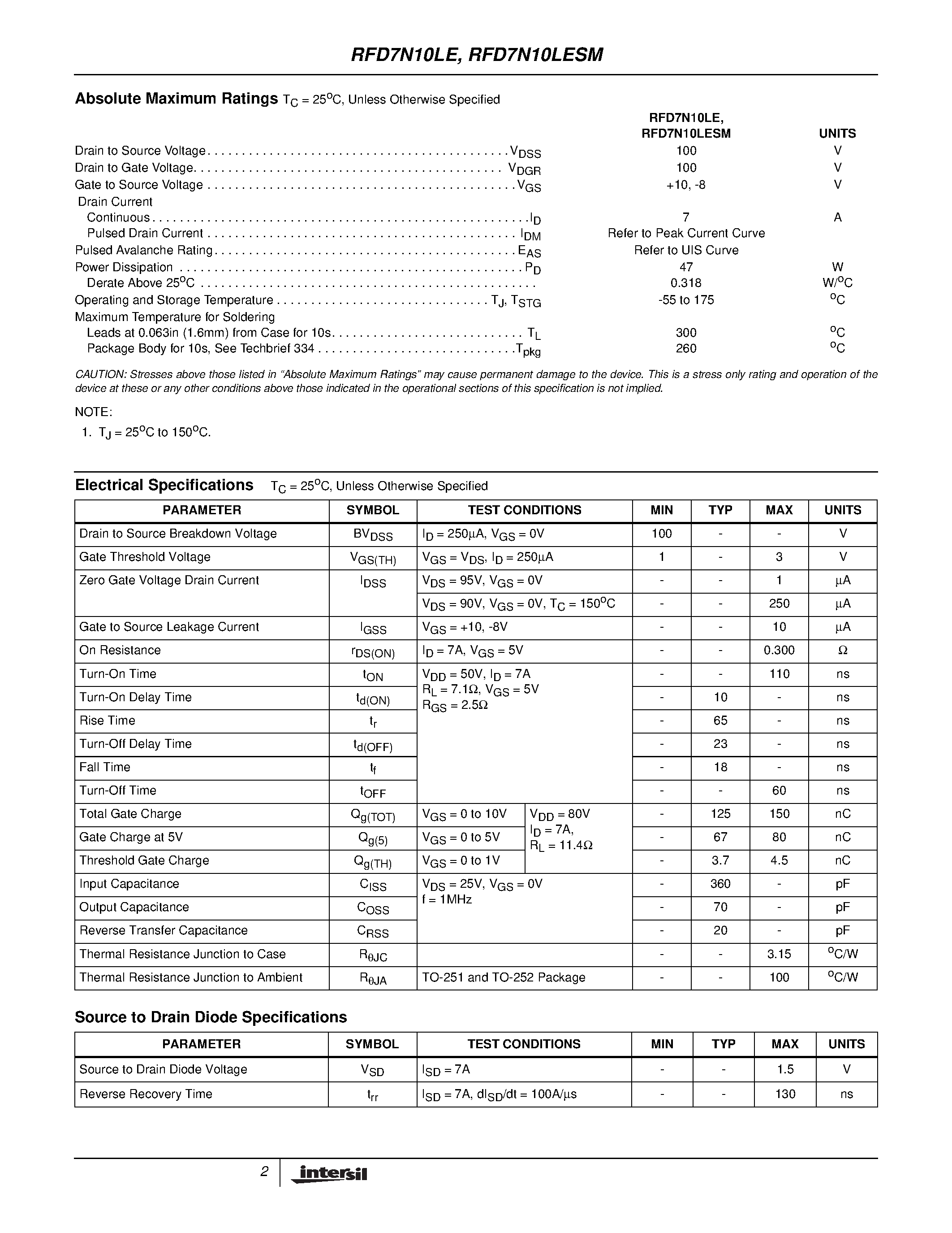 Datasheet RFD7N10LE page 2 Datasheet RFD7N10LE - 7A/ 100V/ 0.300 Ohm/ N-Channel/ Logic Level/ Power MOSFETs page 2