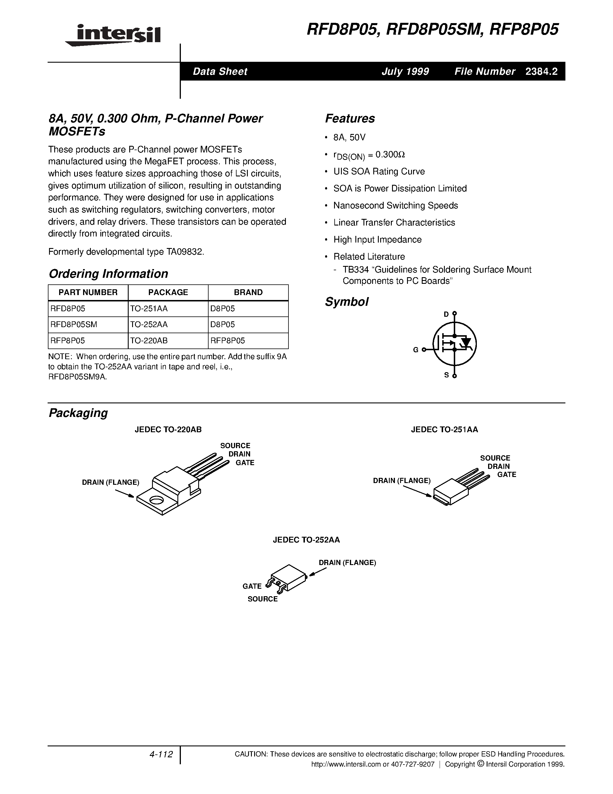 Даташит RFD8P05 - 8A/ 50V/ 0.300 Ohm/ P-Channel Power MOSFETs страница 1