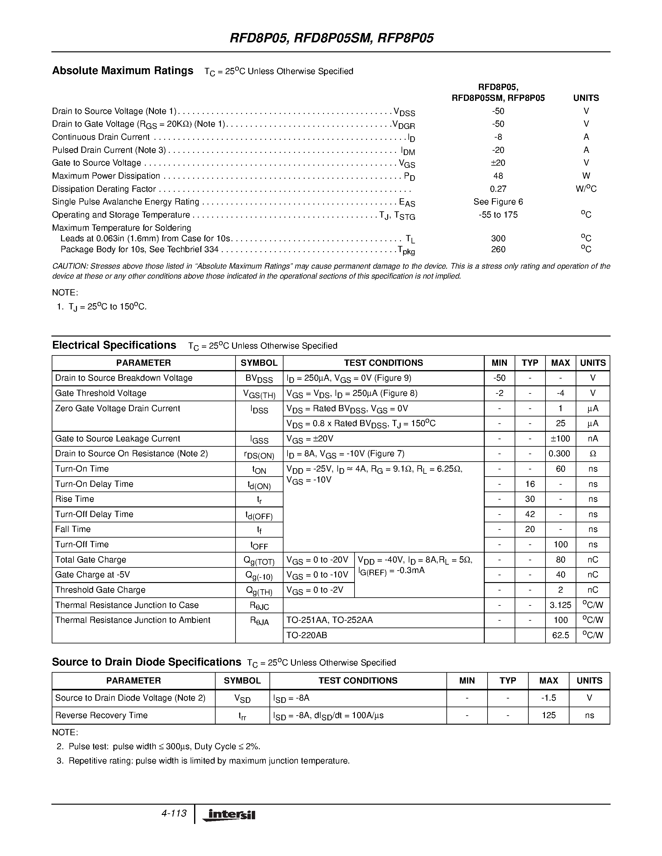 Datasheet RFD8P05SM - 8A/ 50V/ 0.300 Ohm/ P-Channel Power MOSFETs page 2
