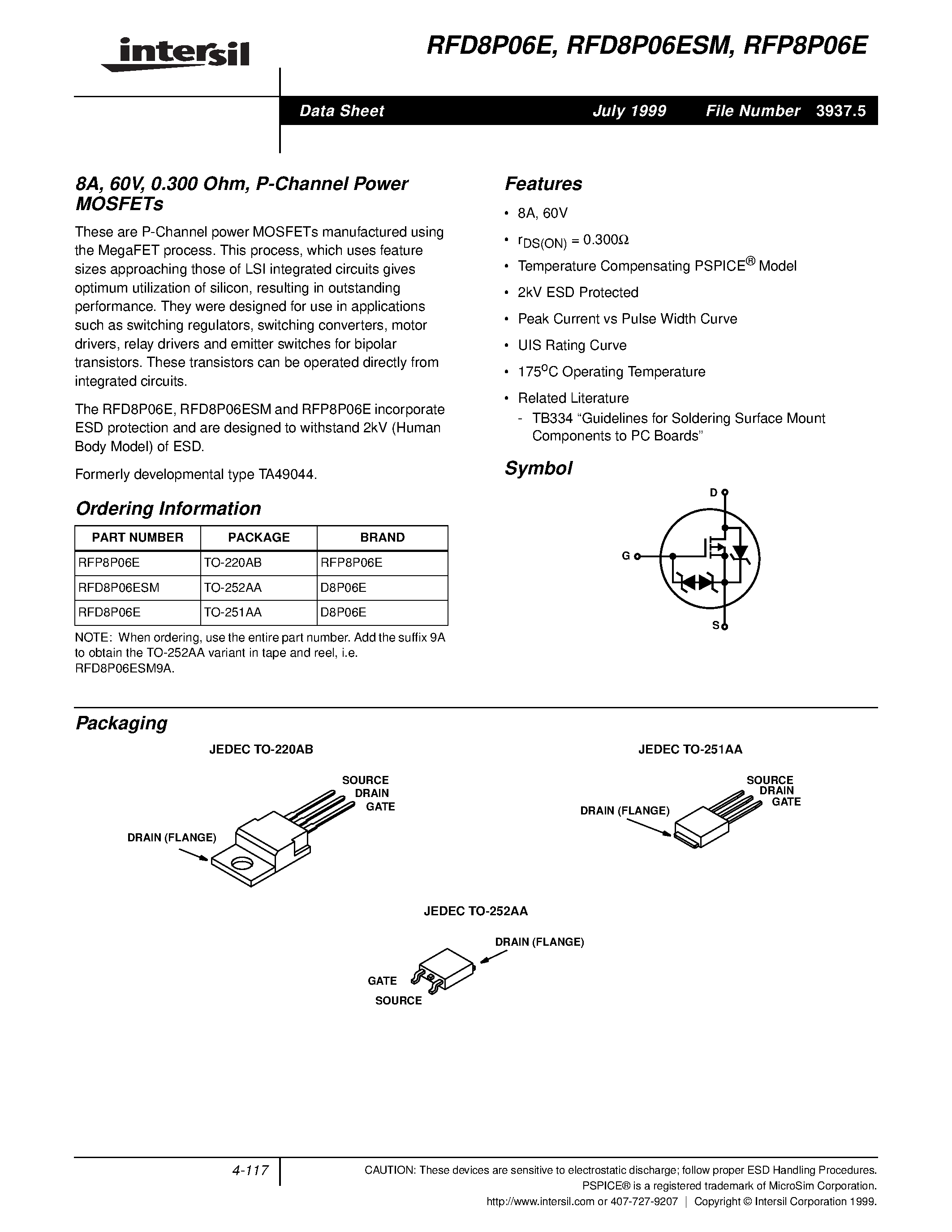 Даташит RFD8P06 - 8A/ 60V/ 0.300 Ohm/ P-Channel Power MOSFETs страница 1