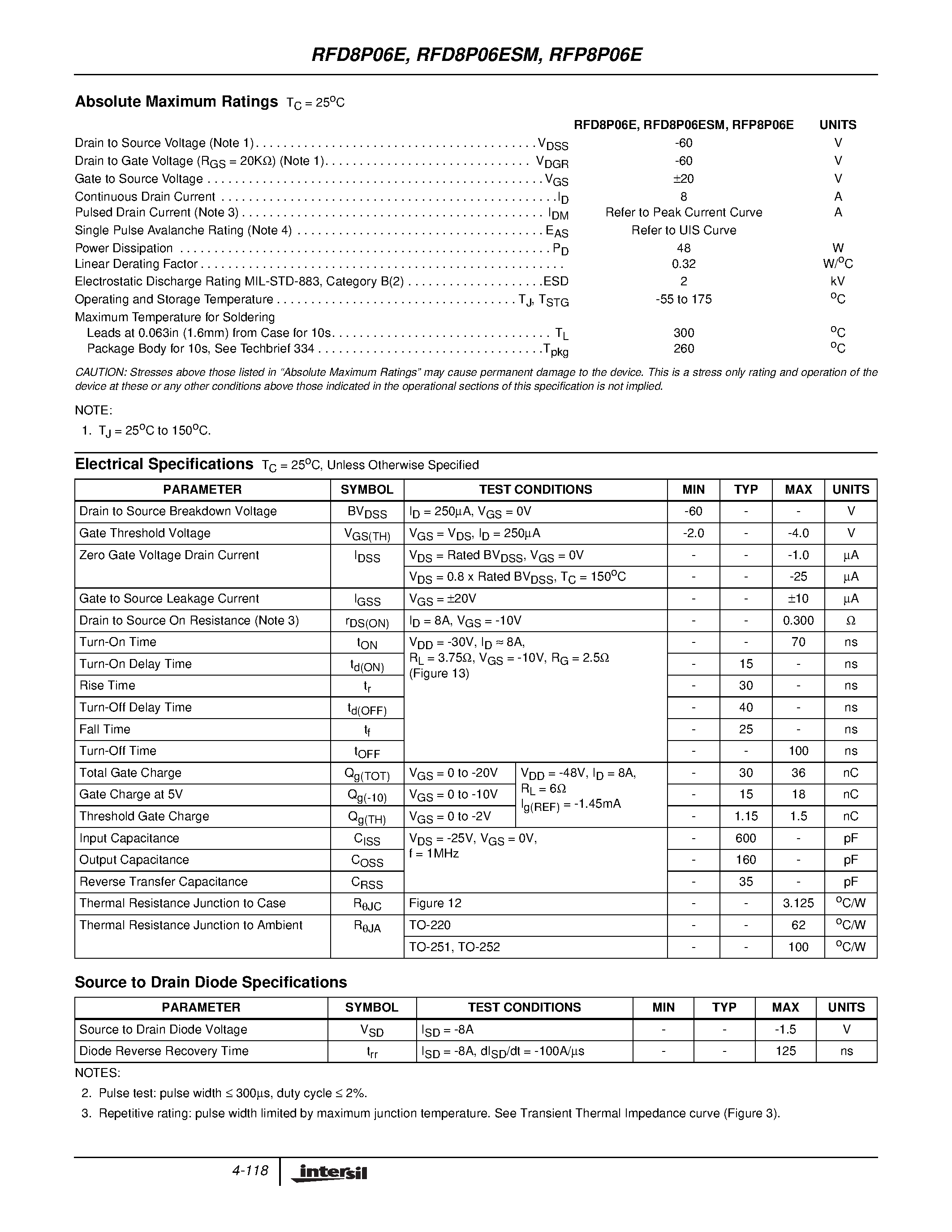 Datasheet RFD8P06E - 8A/ 60V/ 0.300 Ohm/ P-Channel Power MOSFETs page 2