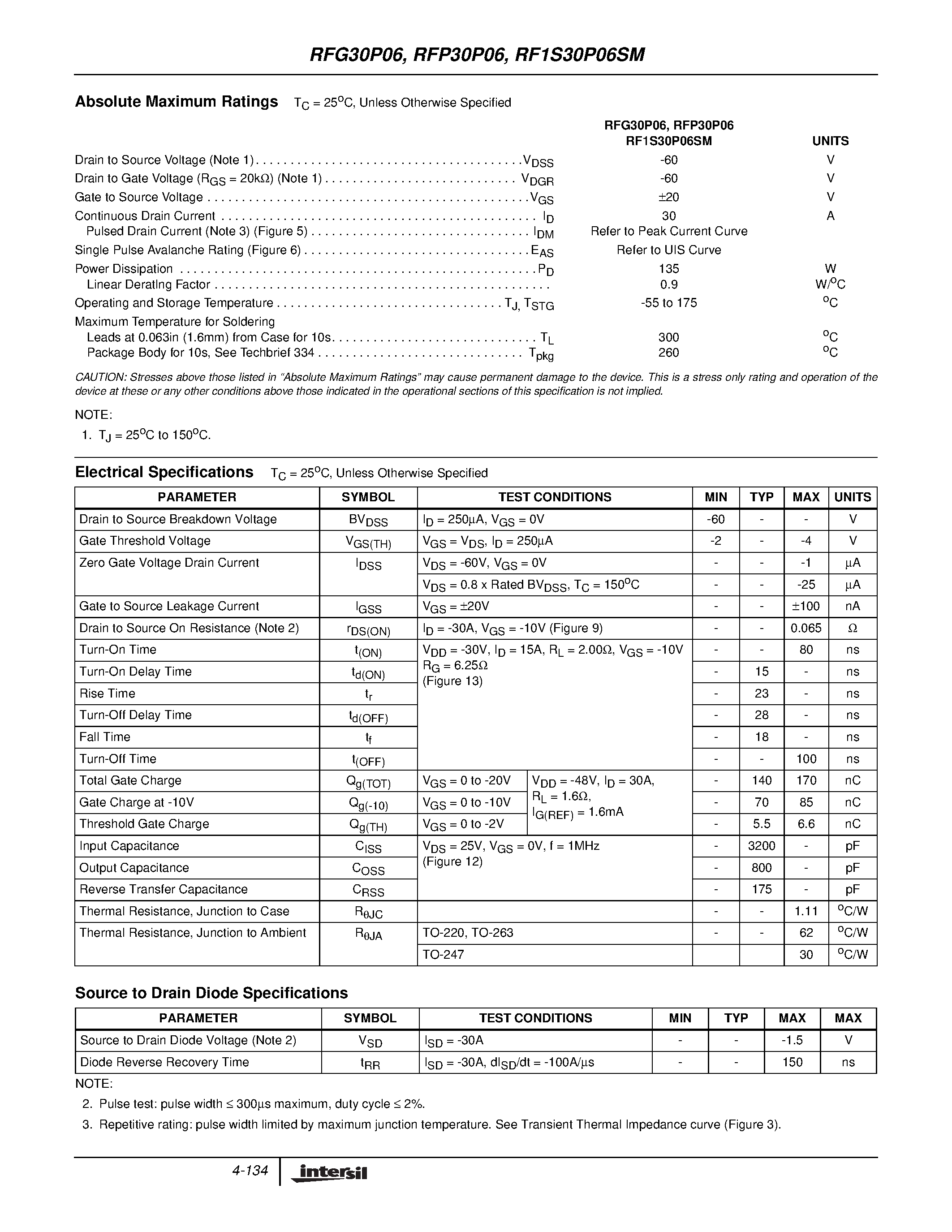 Datasheet RFG30P06 - 30A/ 60V/ 0.065 Ohm/ P-Channel Power MOSFETs page 2