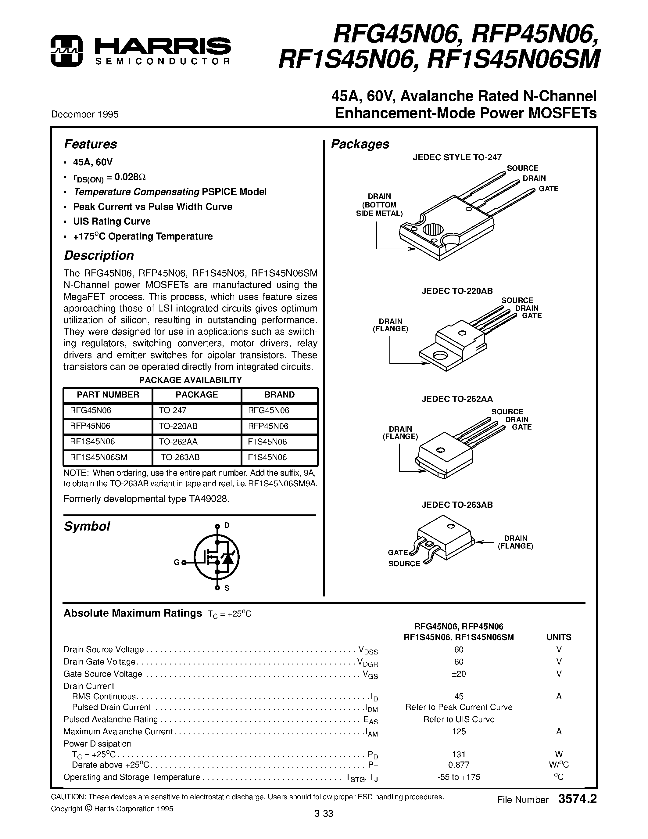 Datasheet RFG45N06 - 45A/ 60V/ Avalanche Rated N-Channel Enhancement-Mode Power MOSFETs page 1