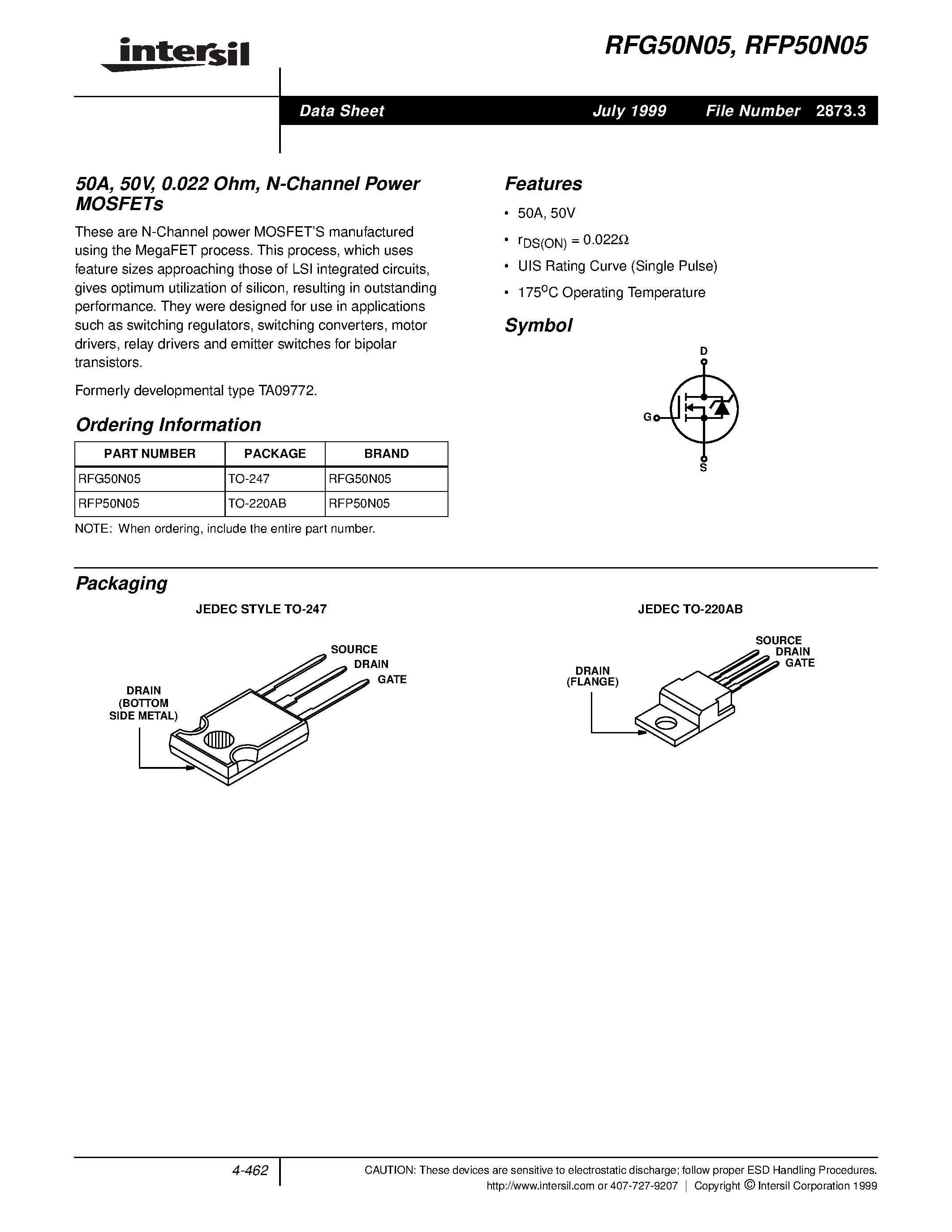 Datasheet RFG50N05 - 50A/ 50V/ 0.022 Ohm/ N-Channel Power MOSFETs page 1