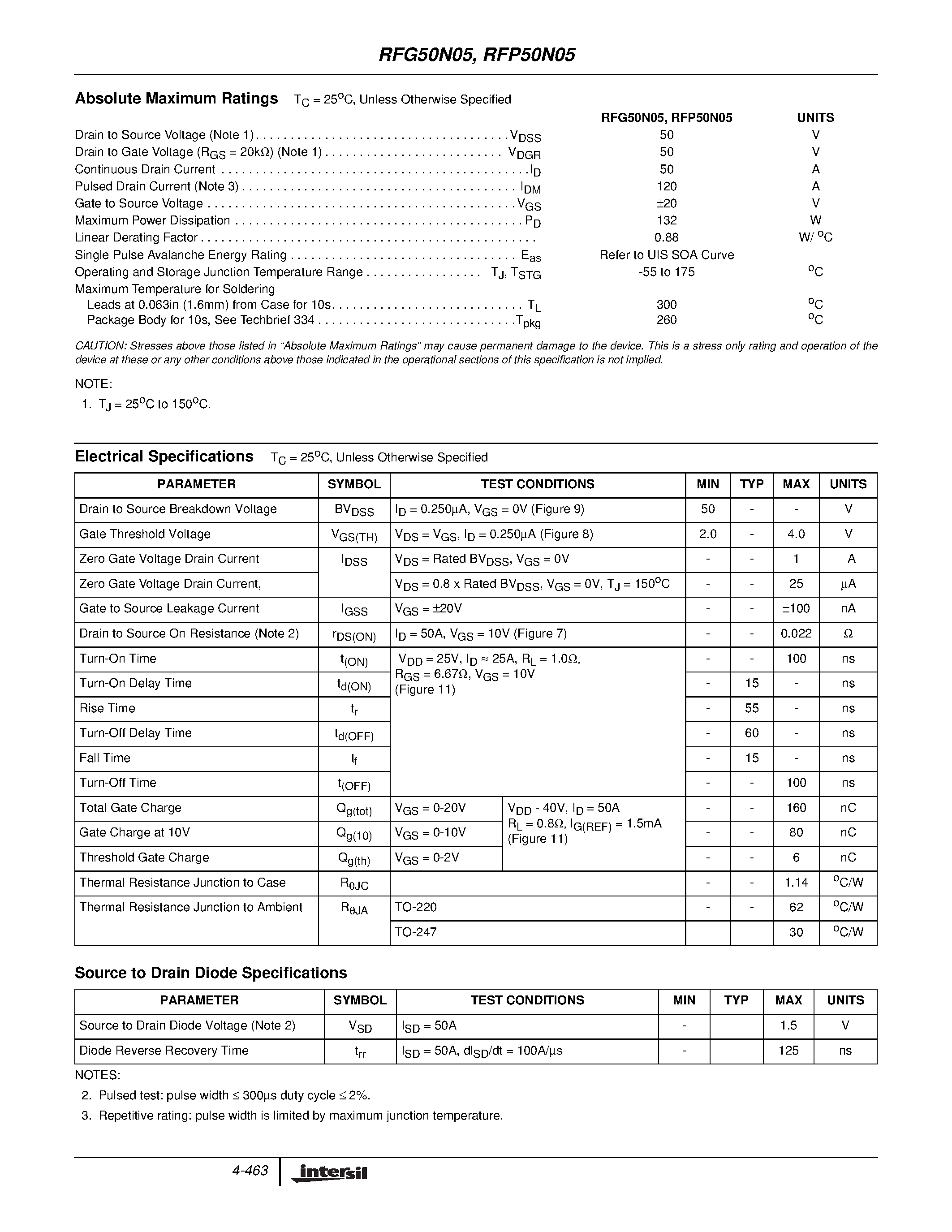 Datasheet RFG50N05 - 50A/ 50V/ 0.022 Ohm/ N-Channel Power MOSFETs page 2