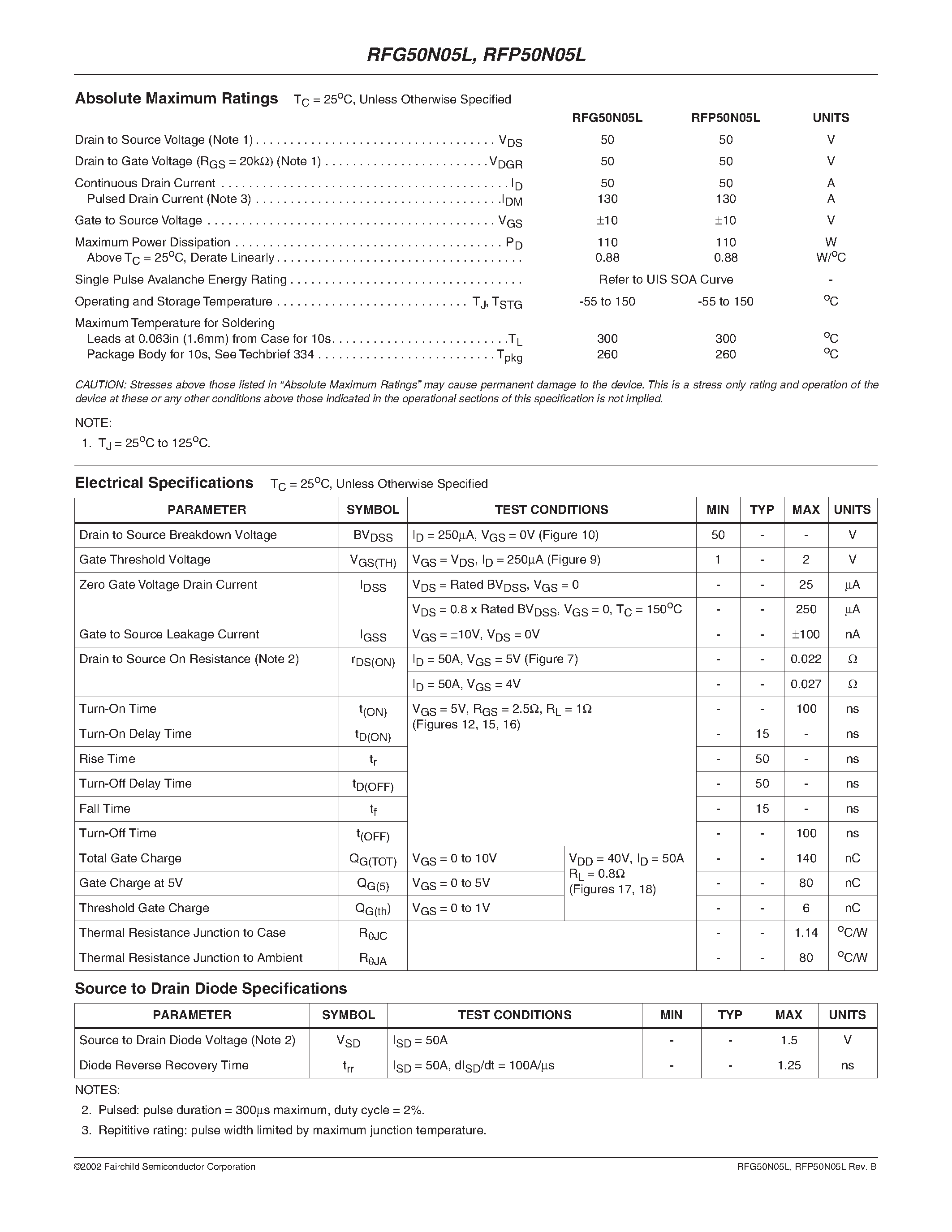 Datasheet RFG50N05L page 2 Datasheet RFG50N05L - 50A/ 50V/ 0.022 Ohm/ Logic Level/ N-Channel Power MOSFETs page 2