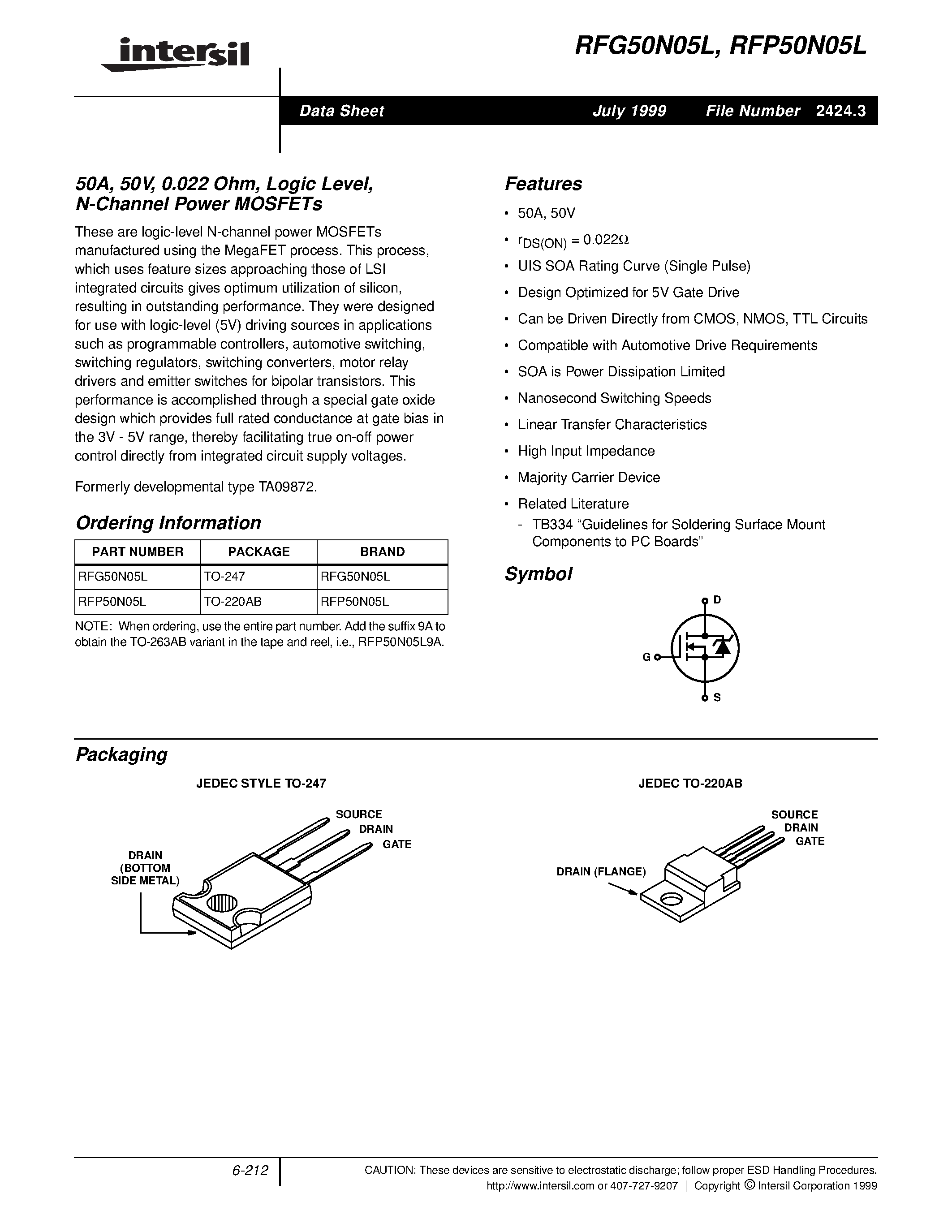 Datasheet RFG50N05L - 50A/ 50V/ 0.022 Ohm/ Logic Level/ N-Channel Power MOSFETs page 1