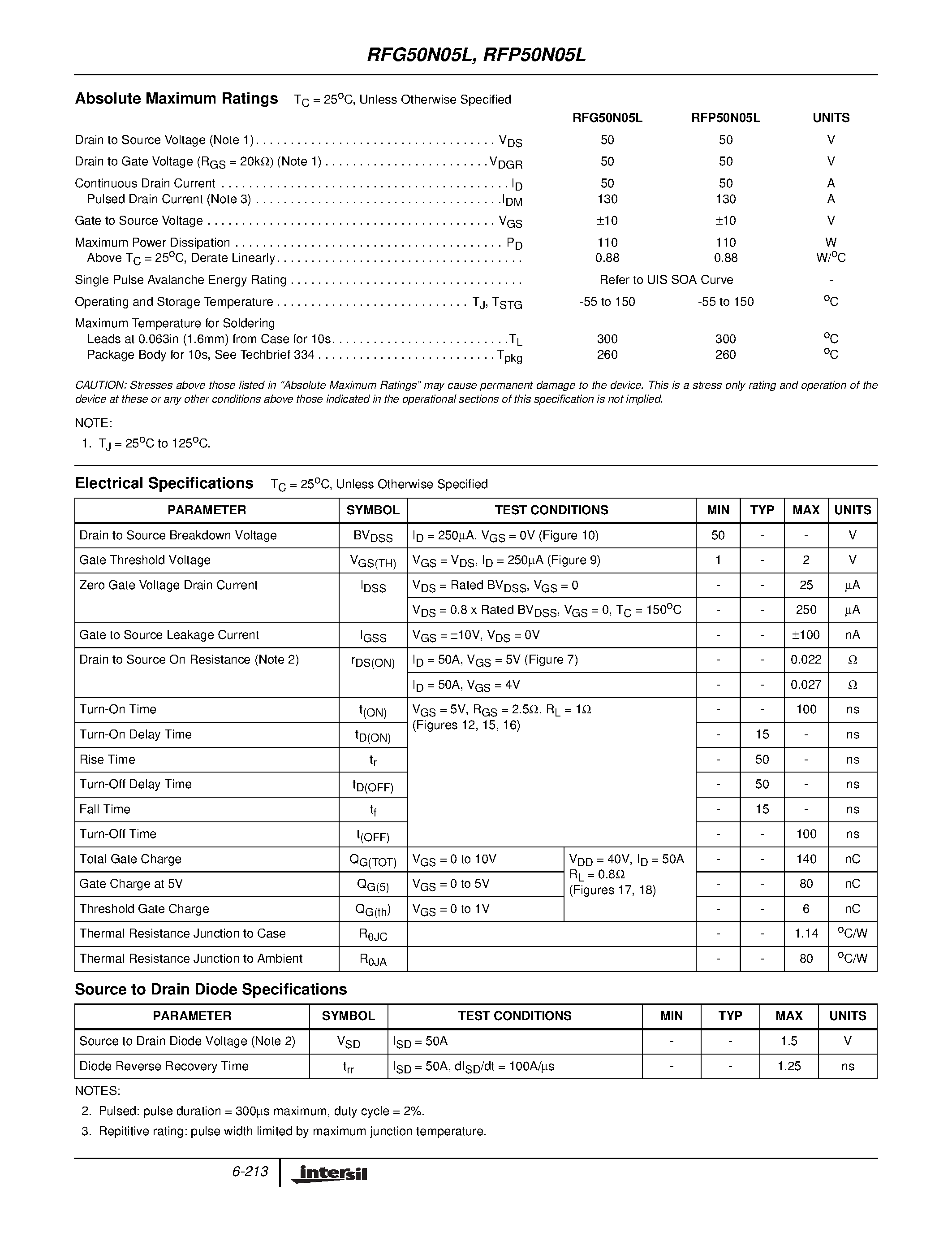Datasheet RFG50N05L - 50A/ 50V/ 0.022 Ohm/ Logic Level/ N-Channel Power MOSFETs page 2