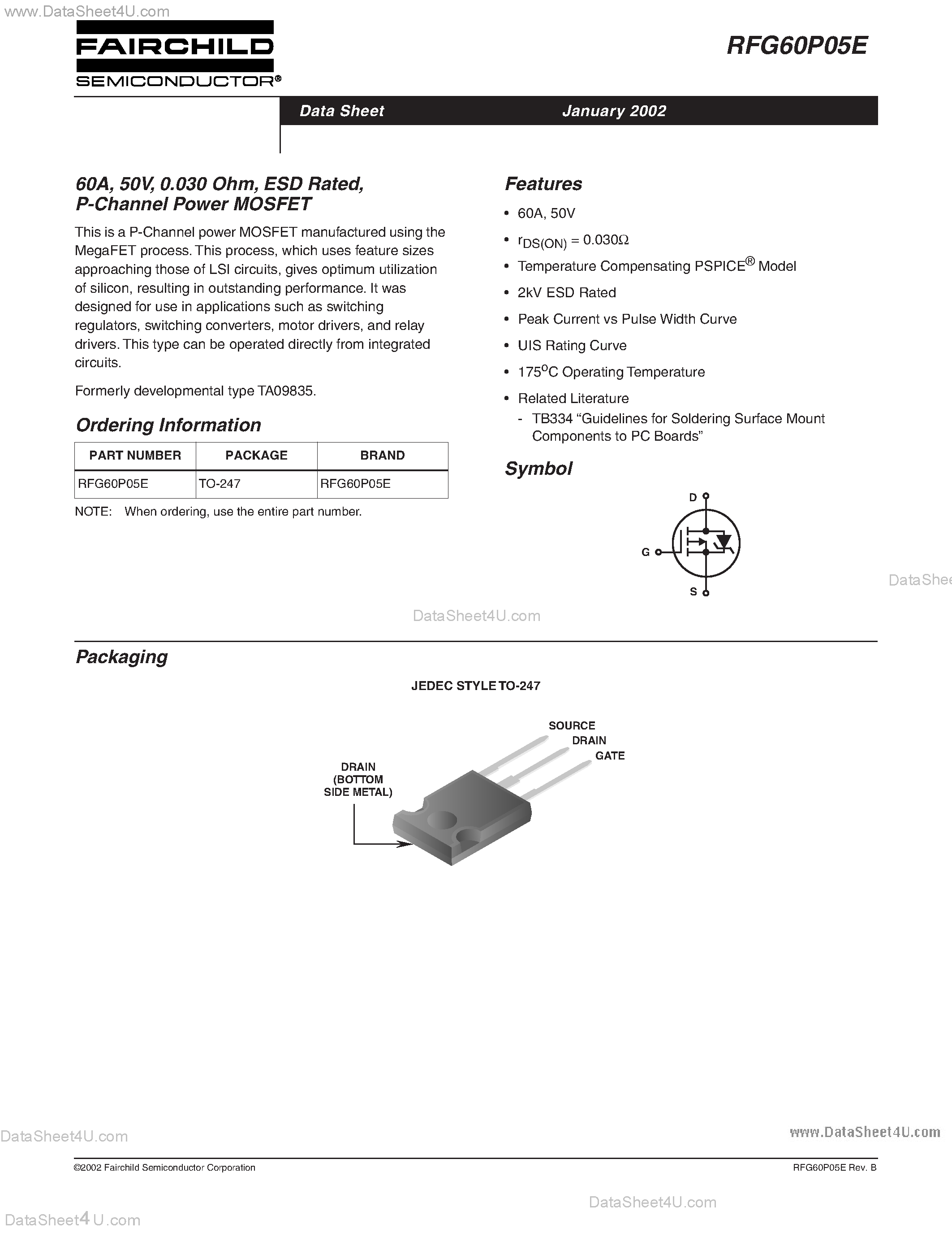 Datasheet RFG60P05E - 60A/ 50V/ 0.030 Ohm/ ESD Rated/ P-Channel Power MOSFET page 1