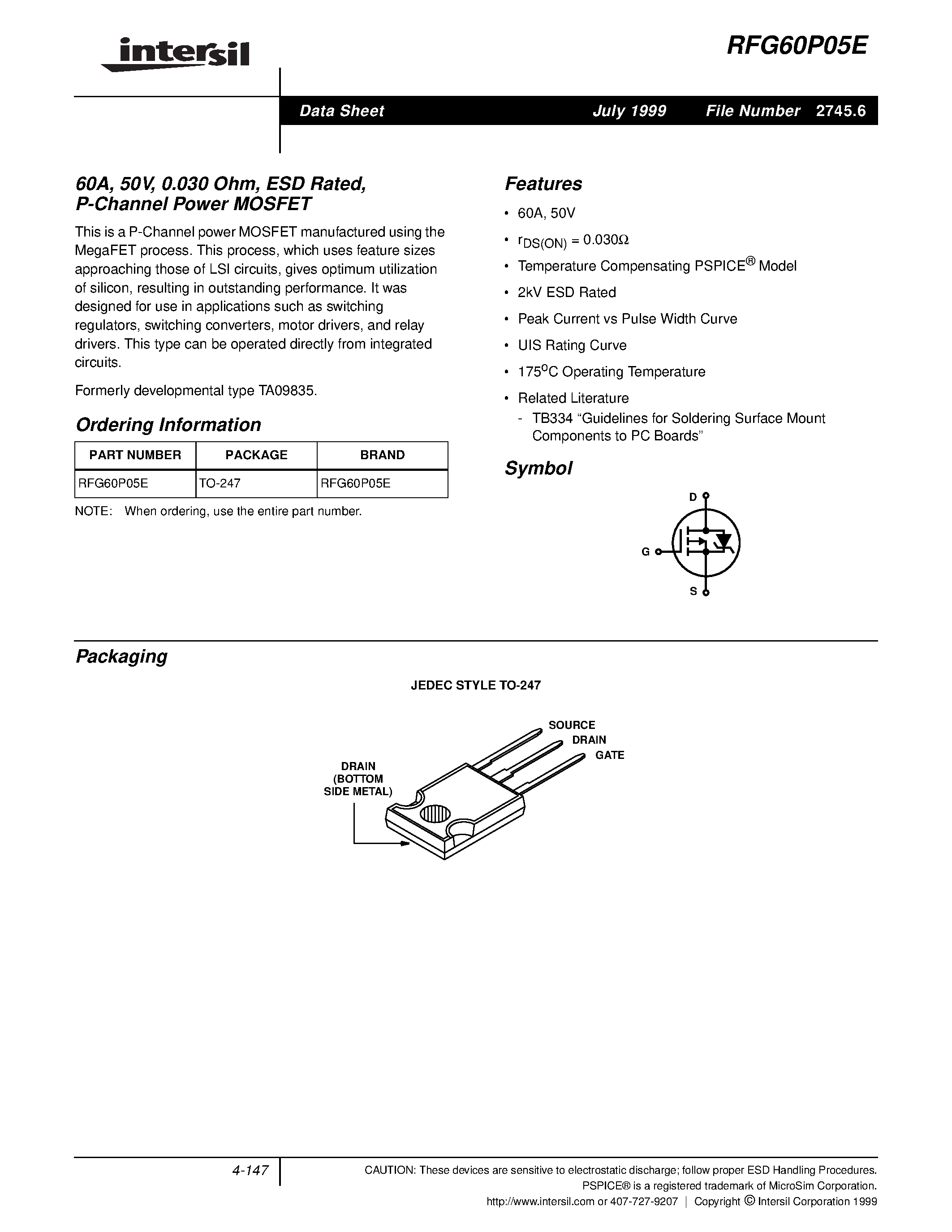 Даташит RFG60P05E - 60A/ 50V/ 0.030 Ohm/ ESD Rated/ P-Channel Power MOSFET страница 1