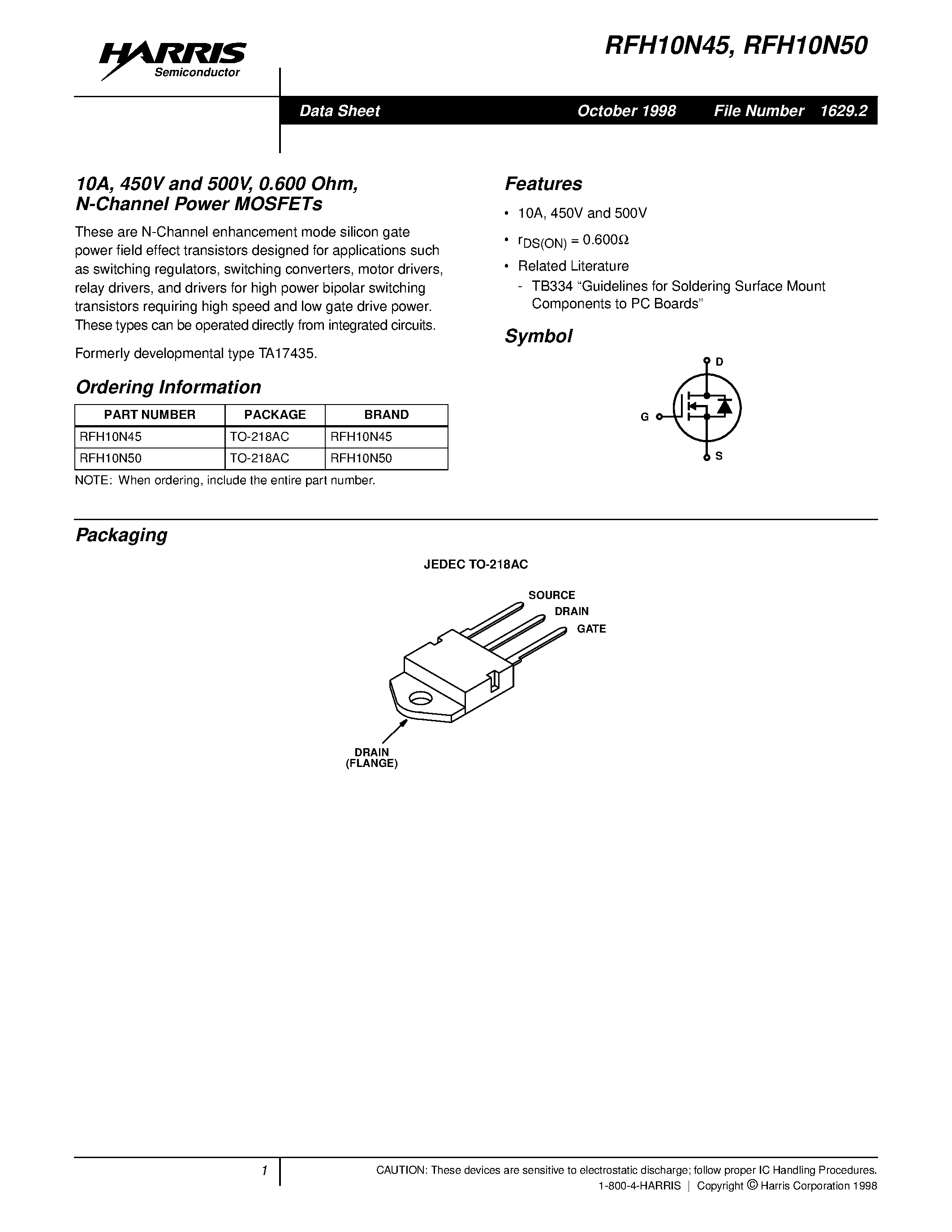 Datasheet RFH10N45 page 1 Datasheet RFH10N45 - 10A/ 450V and 500V/ 0.600 Ohm/ N-Channel Power MOSFETs page 1