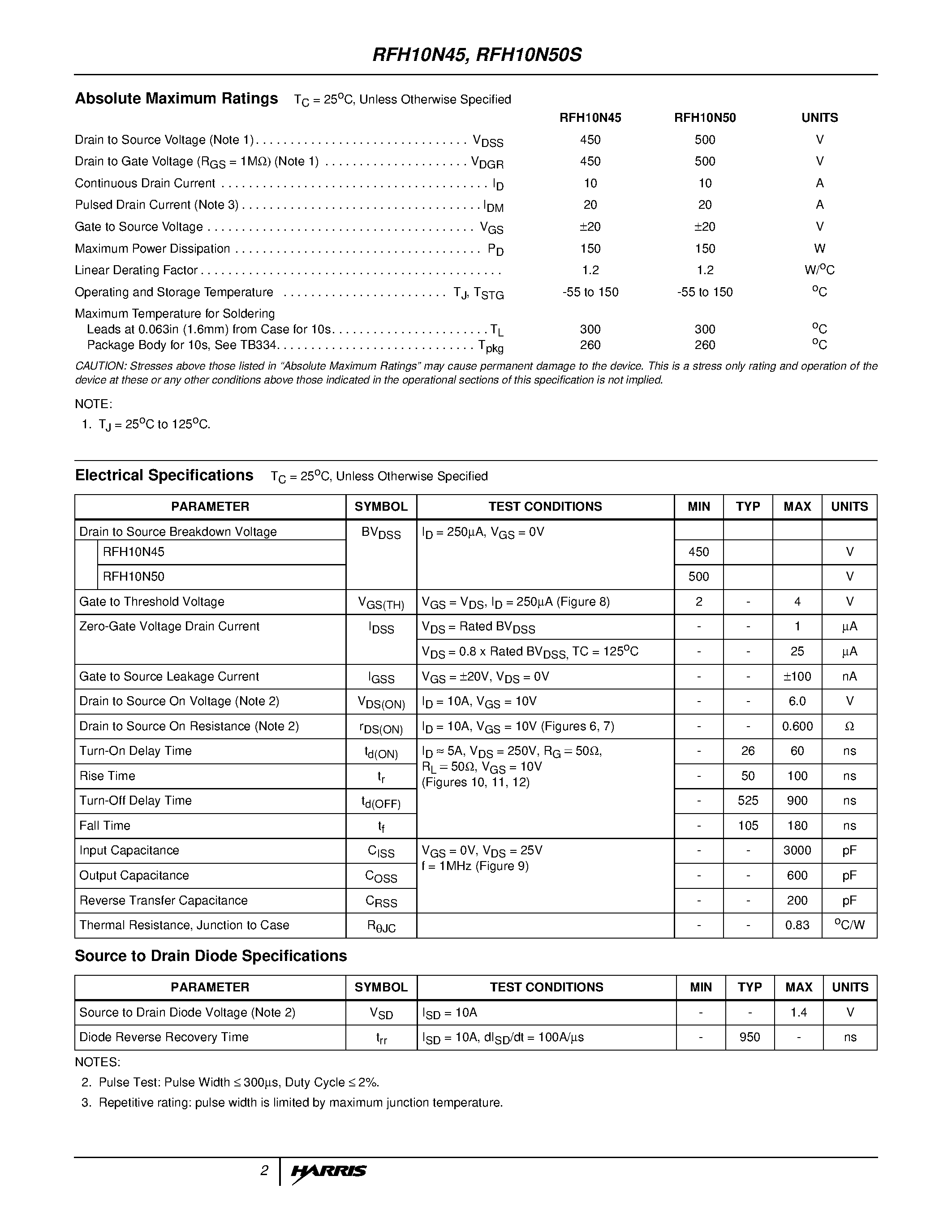 Datasheet RFH10N45 page 2 Datasheet RFH10N45 - 10A/ 450V and 500V/ 0.600 Ohm/ N-Channel Power MOSFETs page 2
