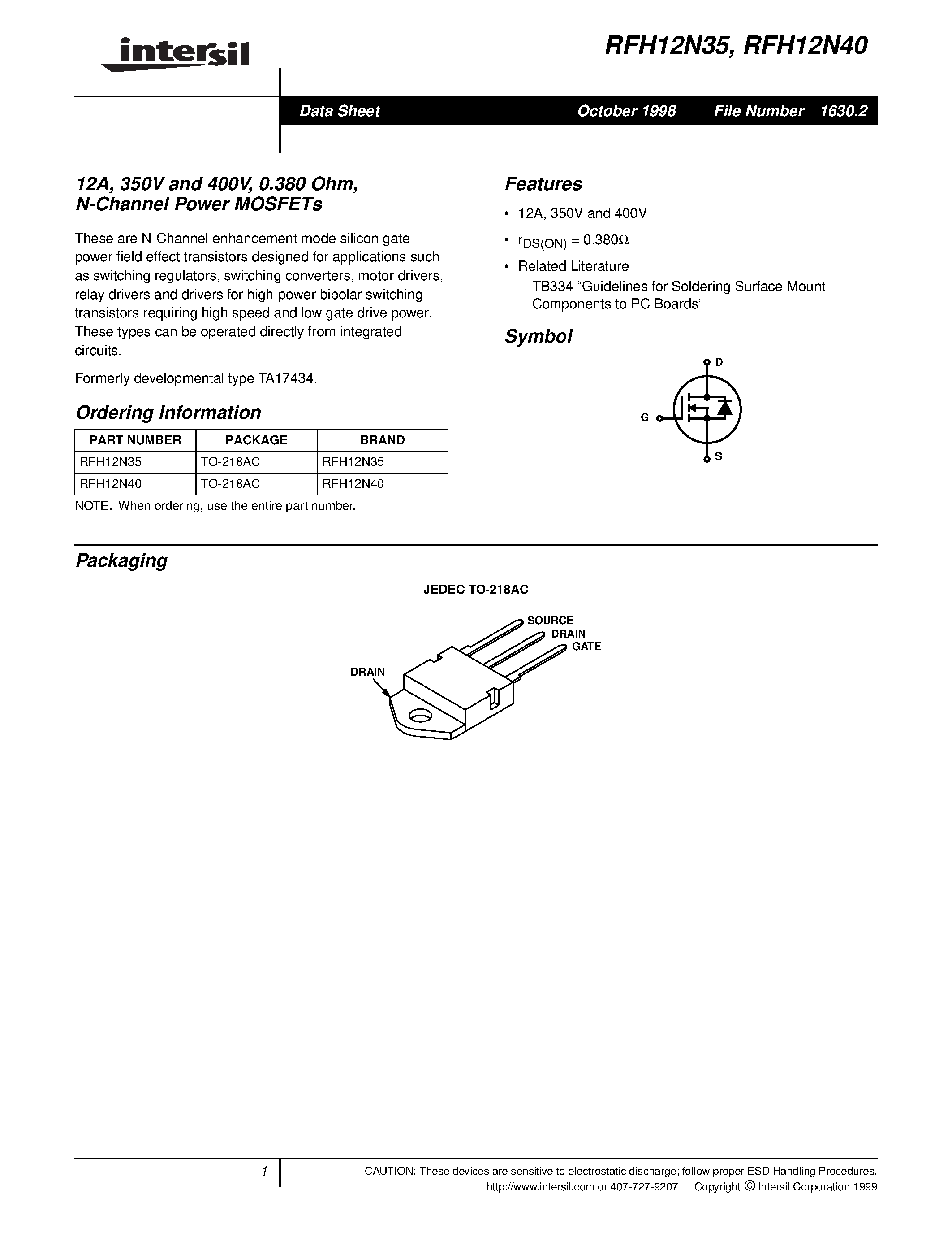 Datasheet RFH12N35 page 1 Datasheet RFH12N35 - 12A/ 350V and 400V/ 0.380 Ohm/ N-Channel Power MOSFETs page 1