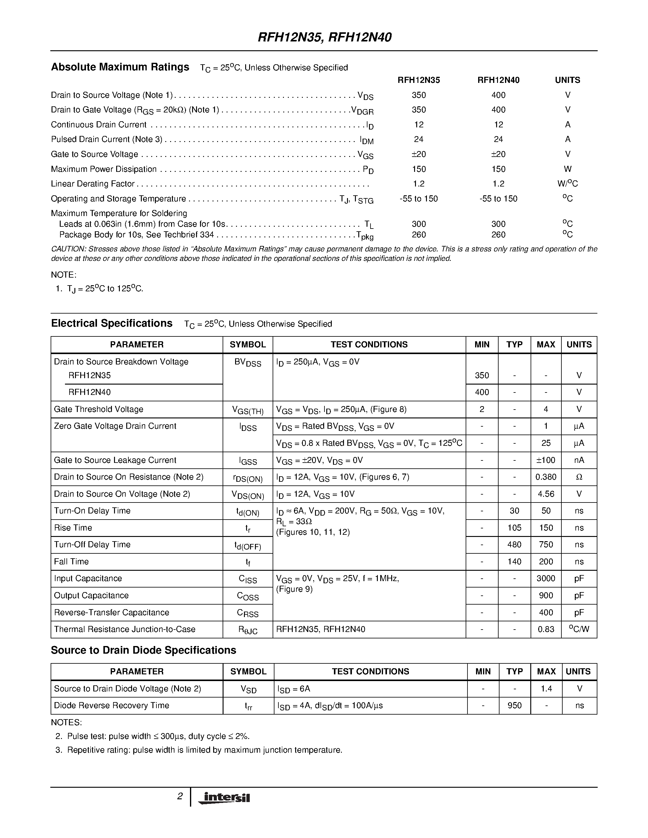Datasheet RFH12N35 page 2 Datasheet RFH12N35 - 12A/ 350V and 400V/ 0.380 Ohm/ N-Channel Power MOSFETs page 2