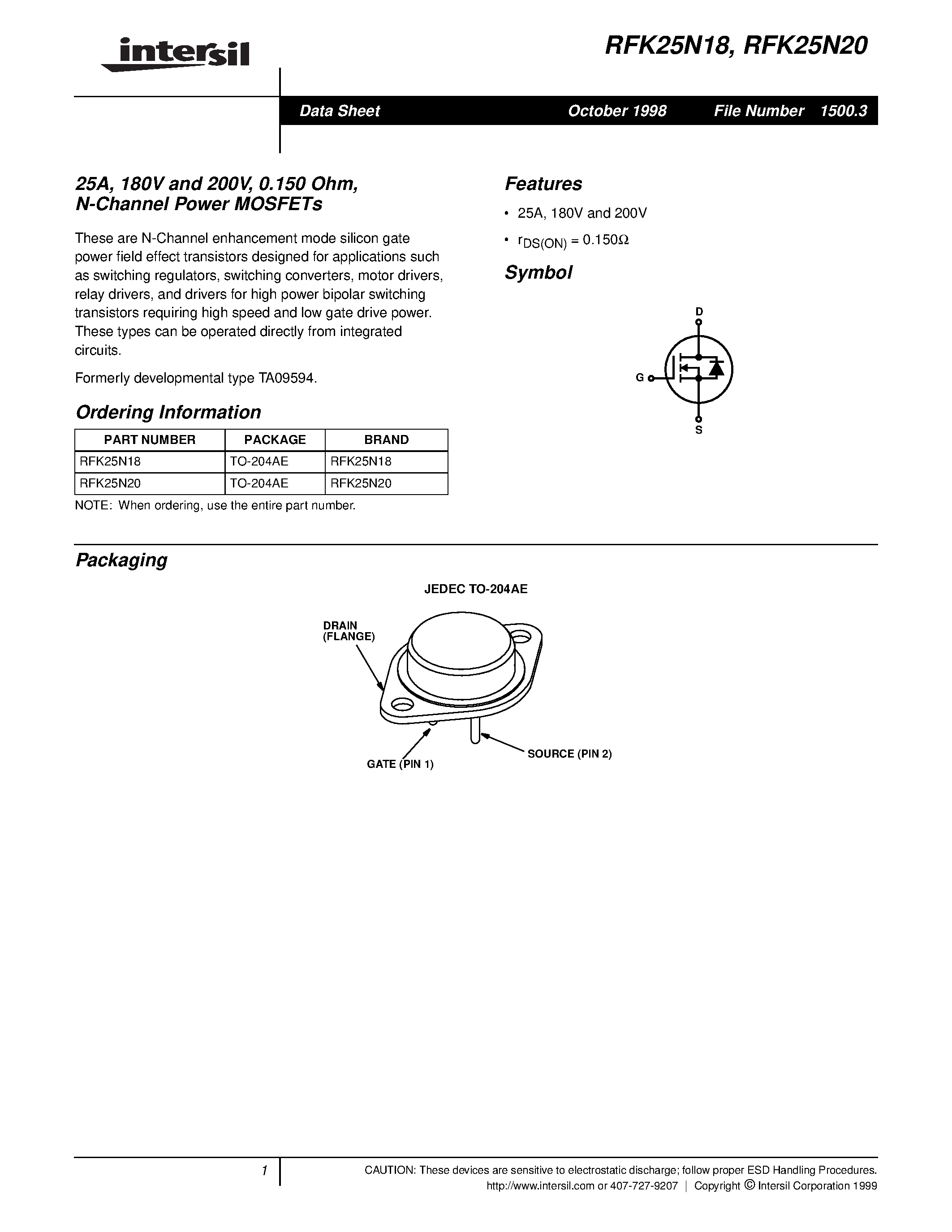Datasheet RFK25N18 page 1 Datasheet RFK25N18 - 25A/ 180V and 200V/ 0.150 Ohm/ N-Channel Power MOSFETs page 1