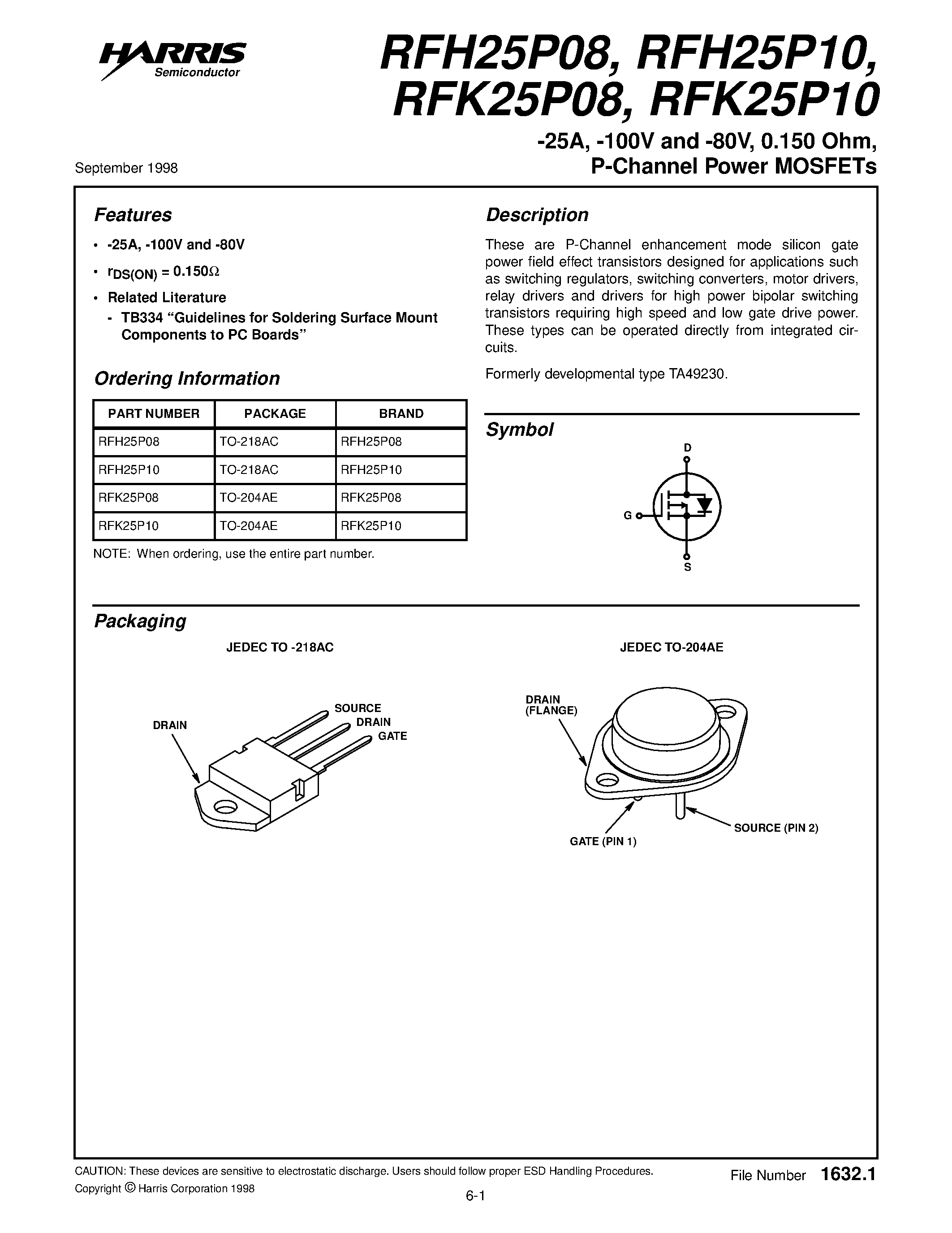 Даташит RFK25P10 - -25A/ -100V and -80V/ 0.150 Ohm/ P-Channel Power MOSFETs страница 1