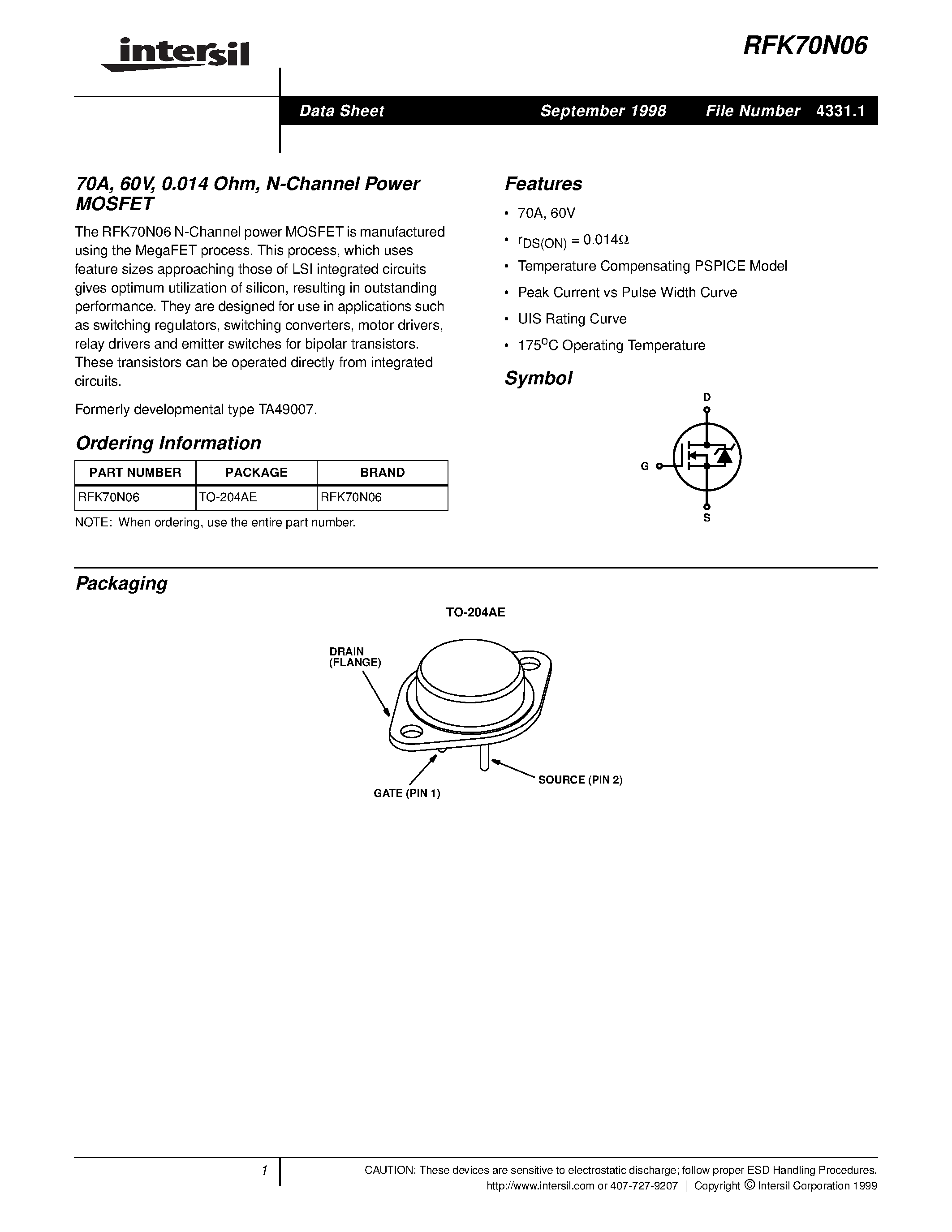 Datasheet RFK70N06 - 70A/ 60V/ 0.014 Ohm/ N-Channel Power MOSFET page 1
