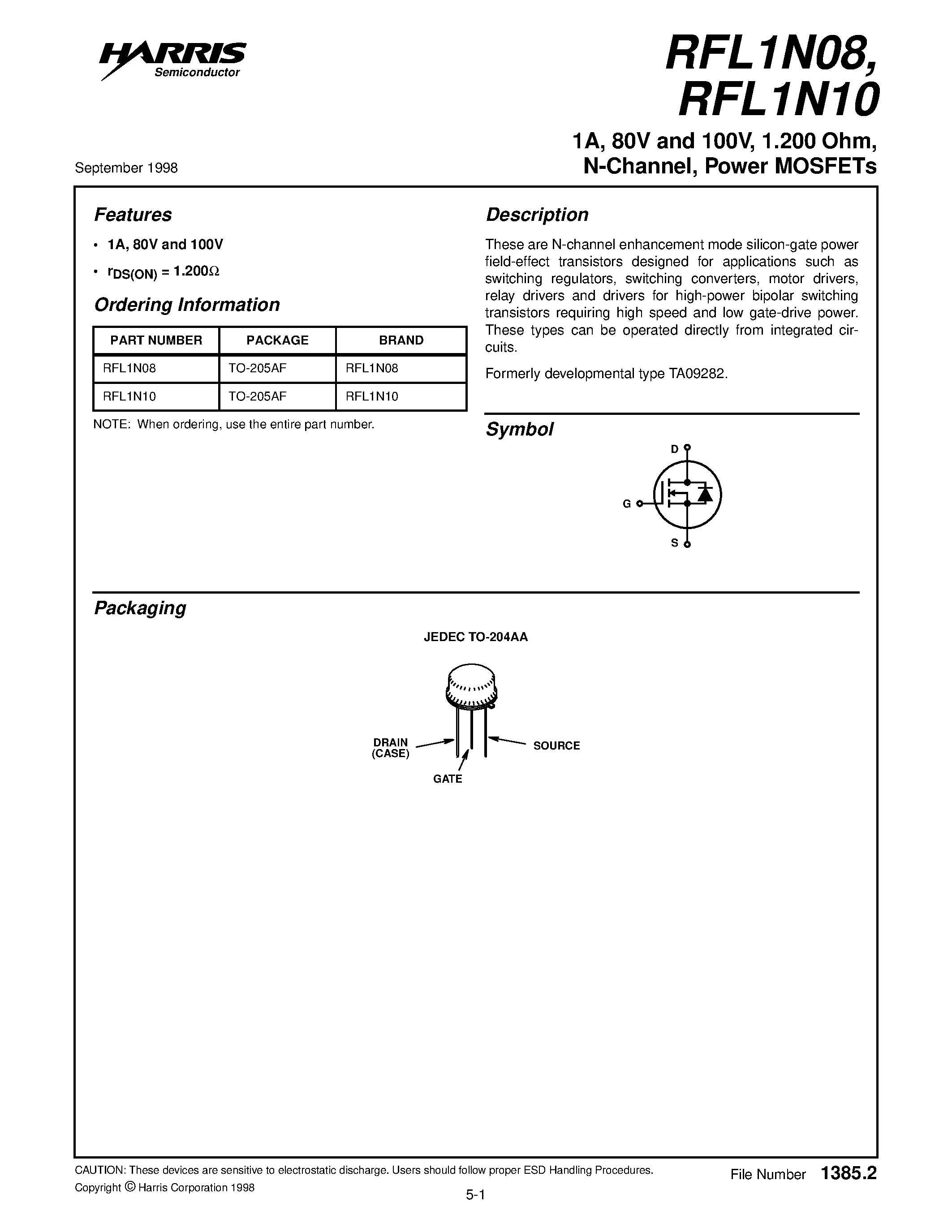 Datasheet RFL1N08 - 1A/ 80V and 100V/ 1.200 Ohm/ N-Channel/ Power MOSFETs page 1