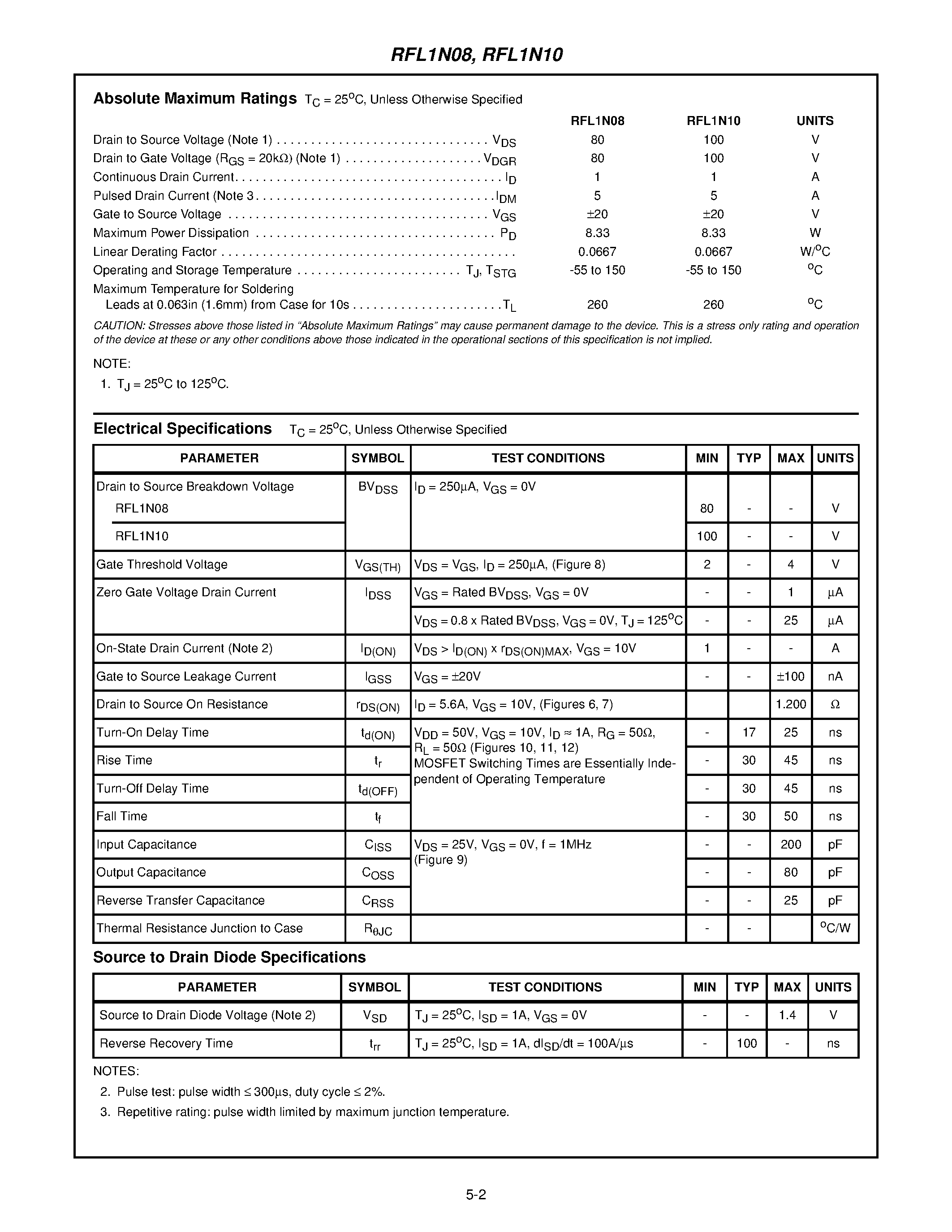 Datasheet RFL1N08 - 1A/ 80V and 100V/ 1.200 Ohm/ N-Channel/ Power MOSFETs page 2