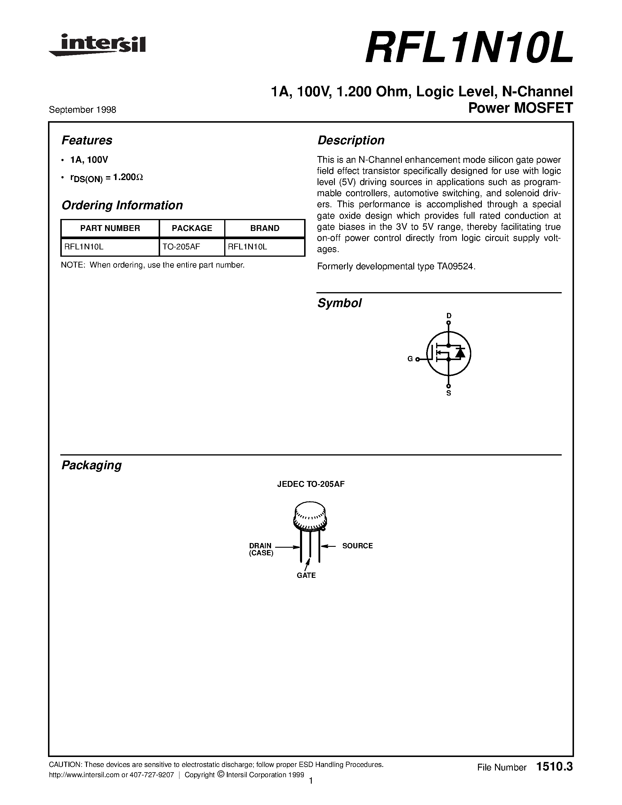 Datasheet RFL1N10L - 1A/ 100V/ 1.200 Ohm/ Logic Level/ N-Channel Power MOSFET page 1