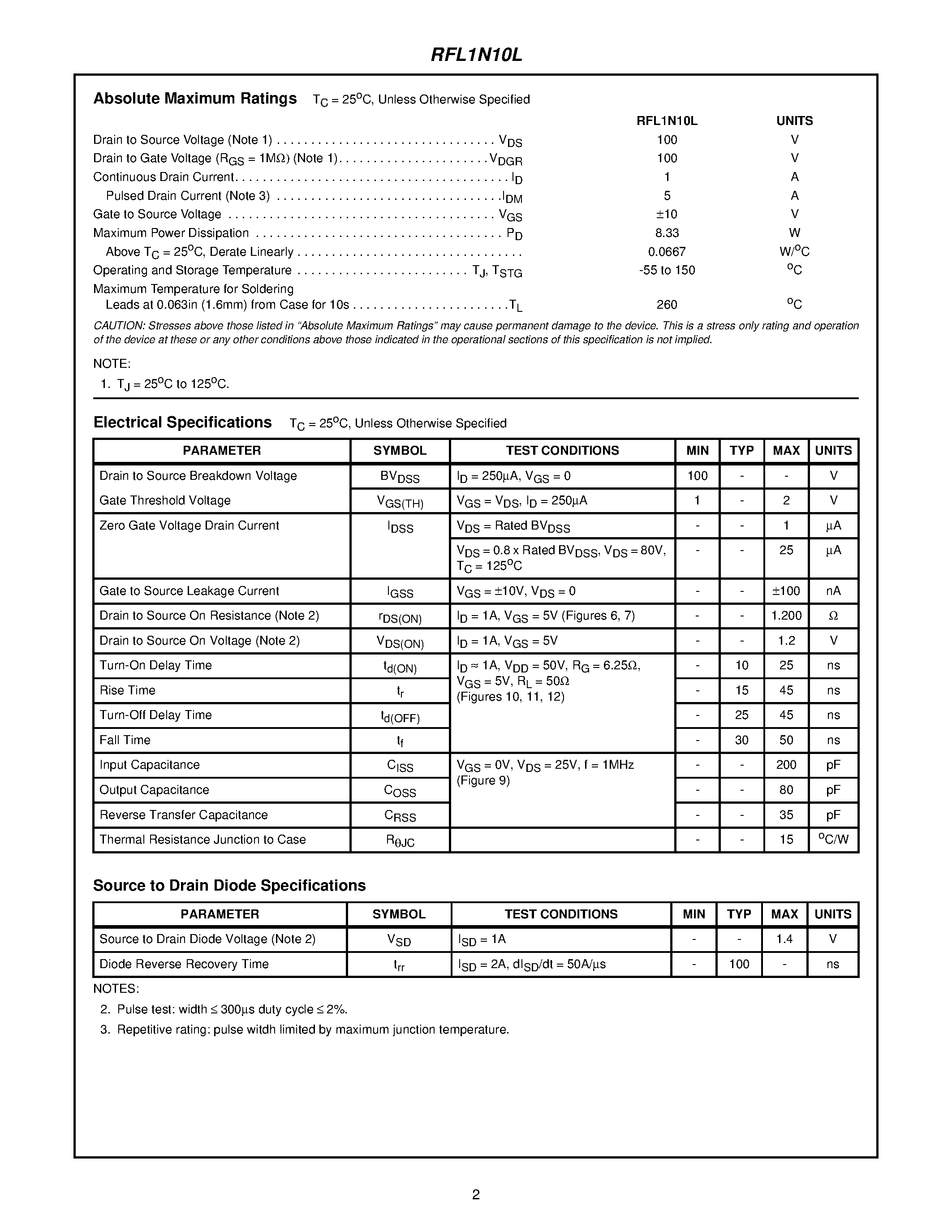 Datasheet RFL1N10L - 1A/ 100V/ 1.200 Ohm/ Logic Level/ N-Channel Power MOSFET page 2