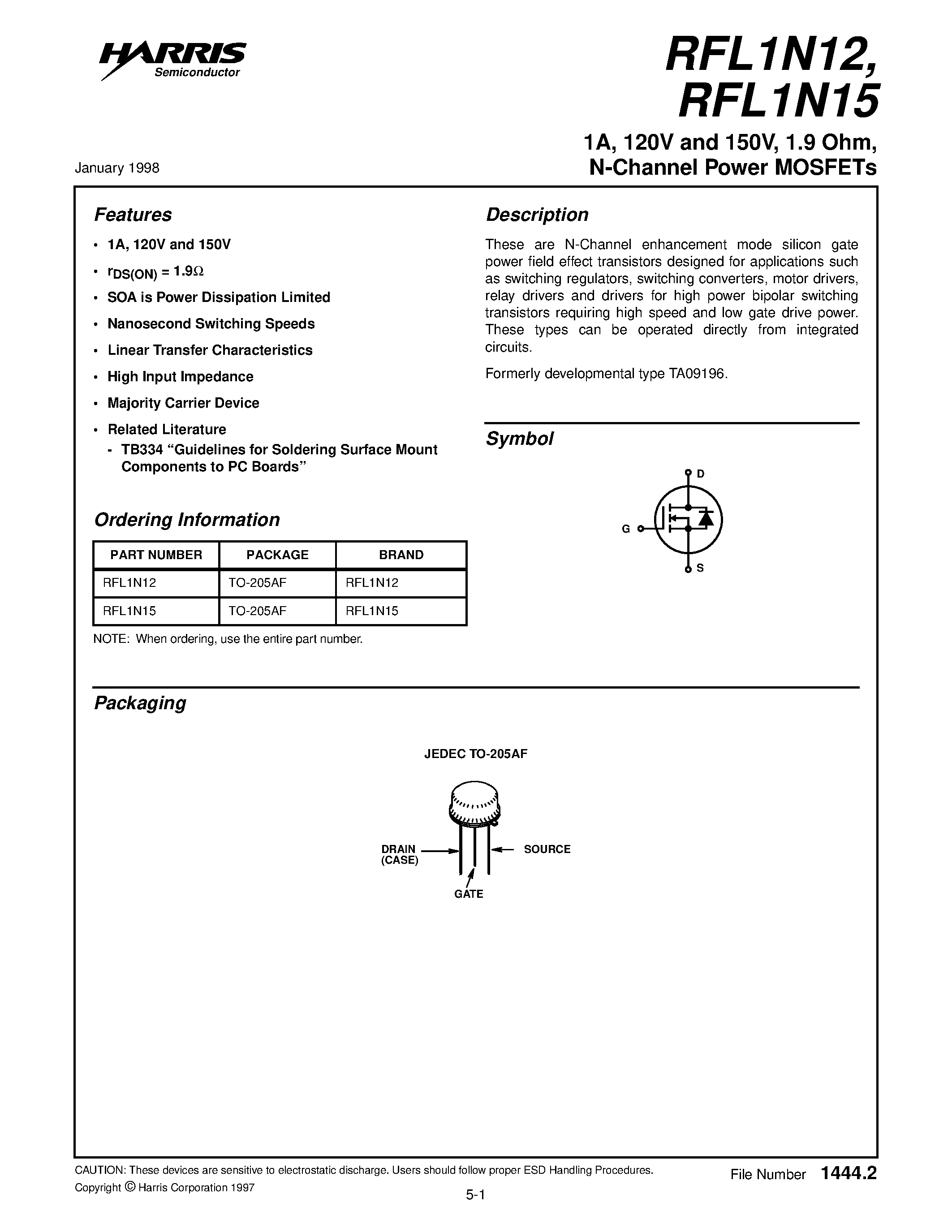 Даташит на микросхему RFL1N12 страница 1 Даташит RFL1N12 - 1A/ 120V and 150V/ 1.9 Ohm/ N-Channel Power MOSFETs страница 1