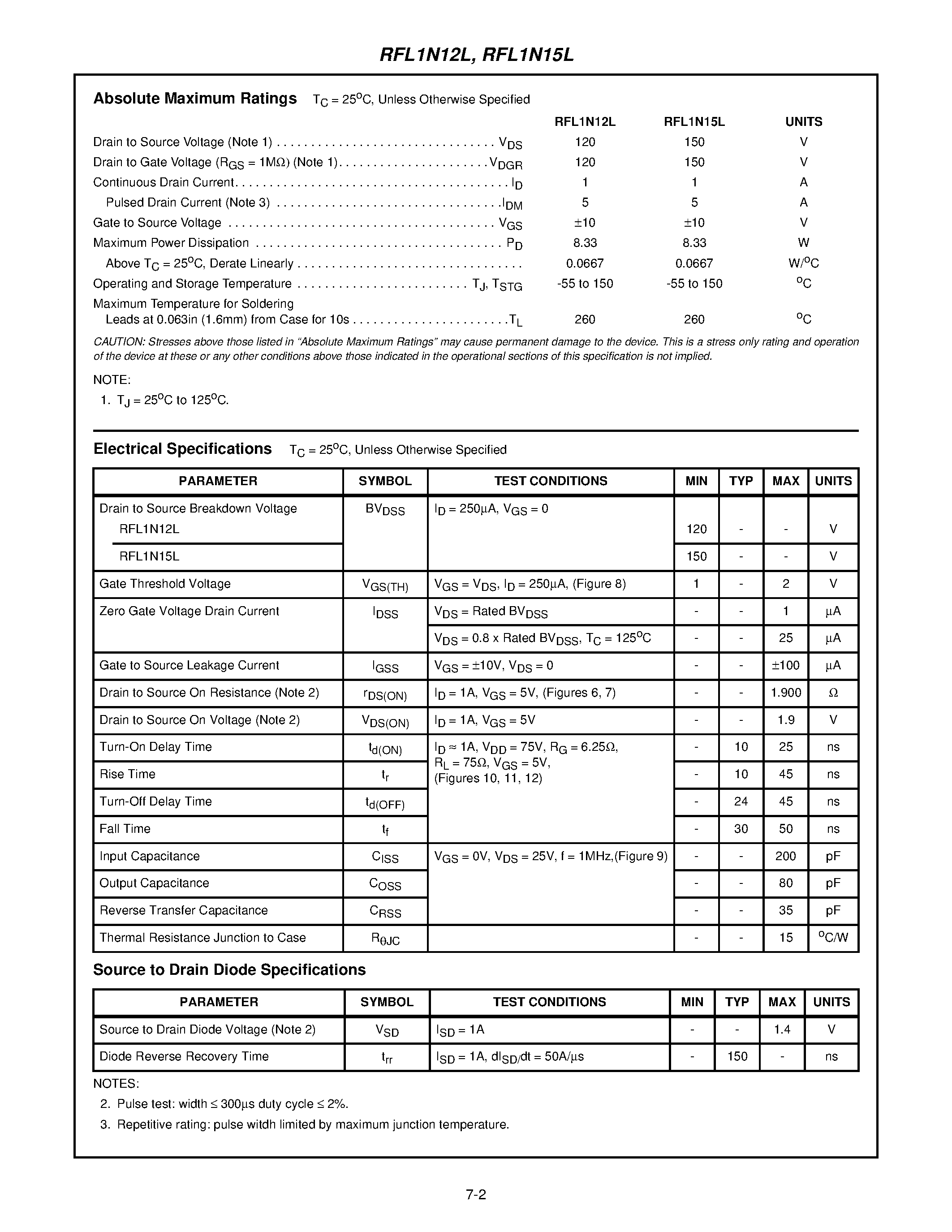 Datasheet RFL1N12L - 1A/ 120V and 150V/ 1.900 Ohm/ Logic Level/ N-Channel Power MOSFETs page 2