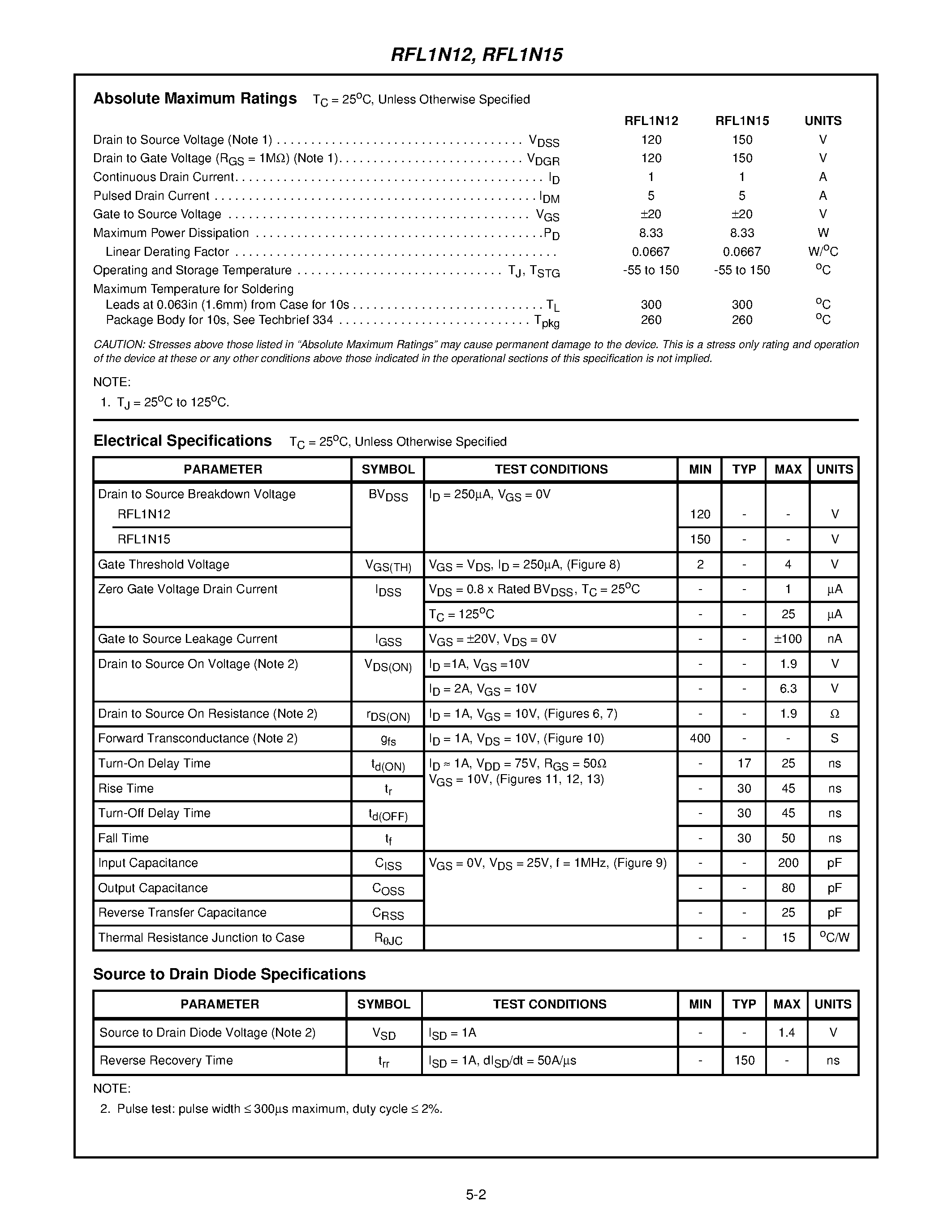 Datasheet RFL1N15 - 1A/ 120V and 150V/ 1.9 Ohm/ N-Channel Power MOSFETs page 2