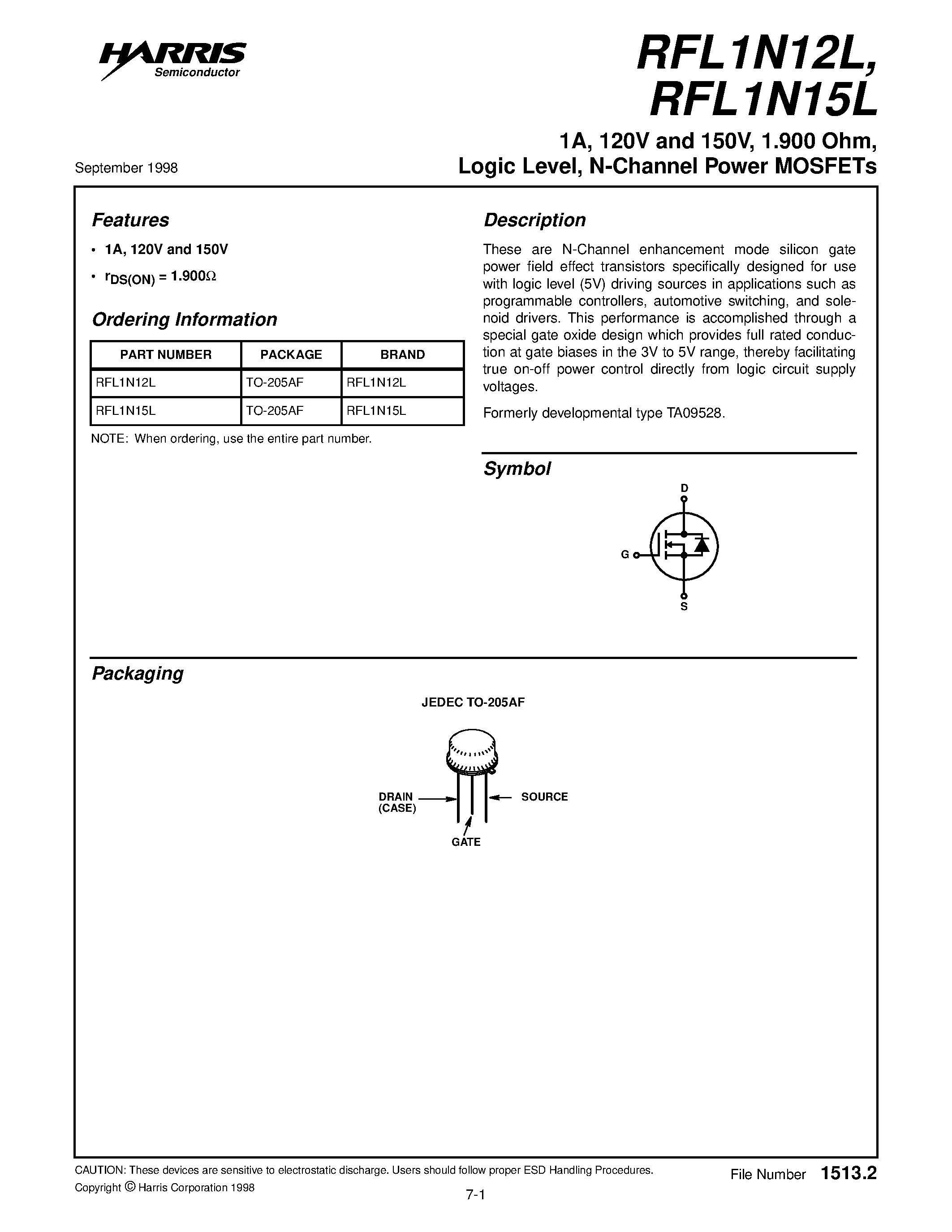 Datasheet RFL1N15L - 1A/ 120V and 150V/ 1.900 Ohm/ Logic Level/ N-Channel Power MOSFETs page 1