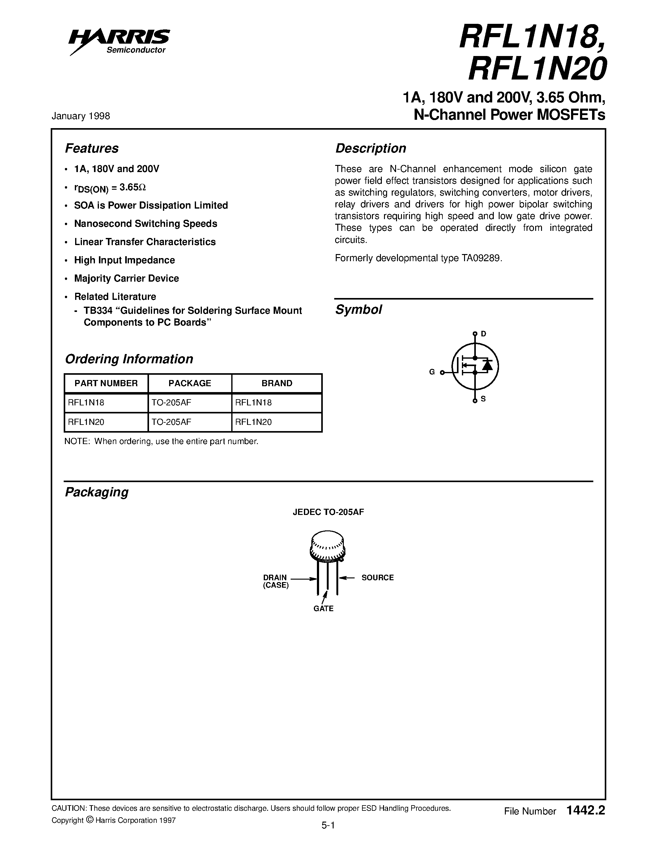 Datasheet RFL1N18 - 1A/ 180V and 200V/ 3.65 Ohm/ N-Channel Power MOSFETs page 1