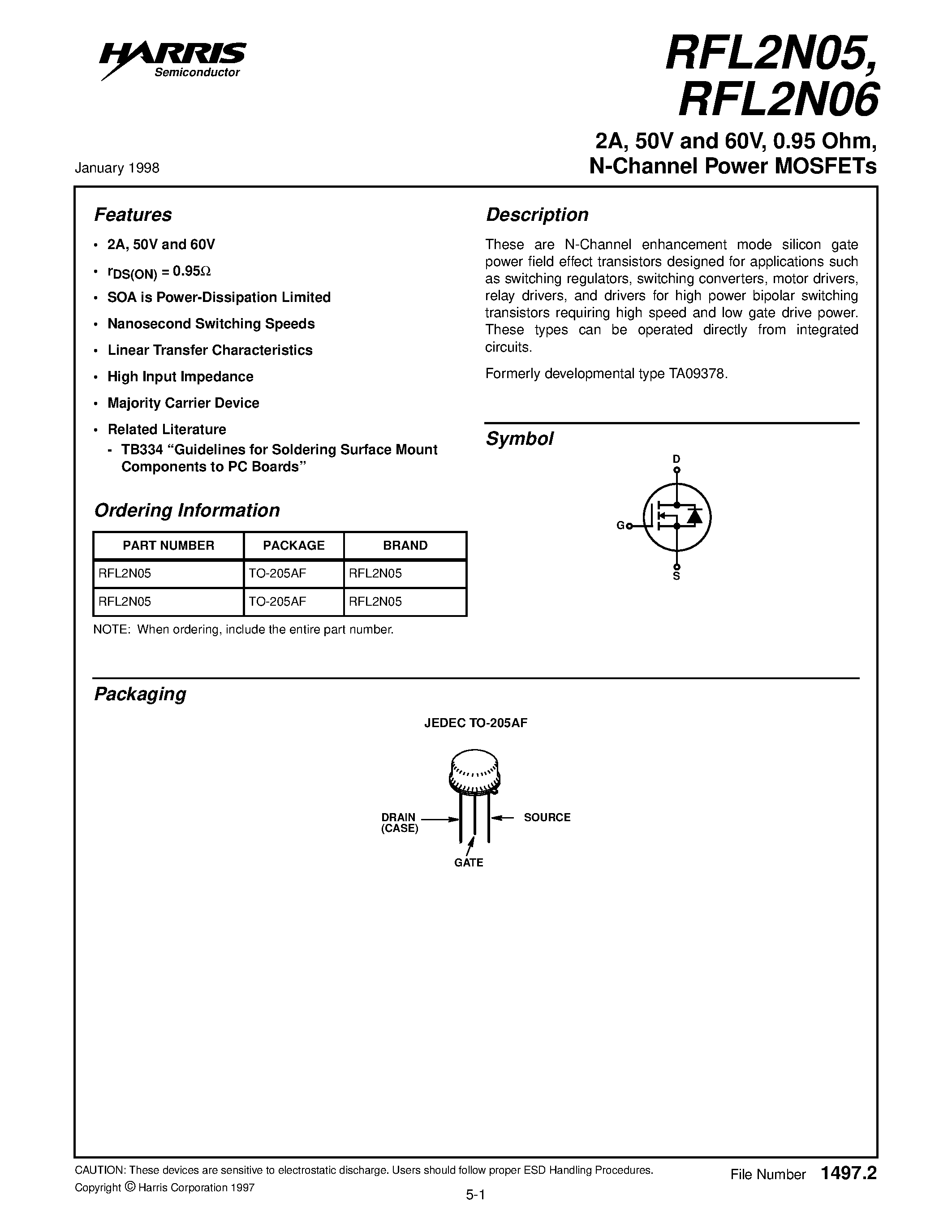 Datasheet RFL2N06 page 1 Datasheet RFL2N06 - 2A/ 50V and 60V/ 0.95 Ohm/ N-Channel Power MOSFETs page 1