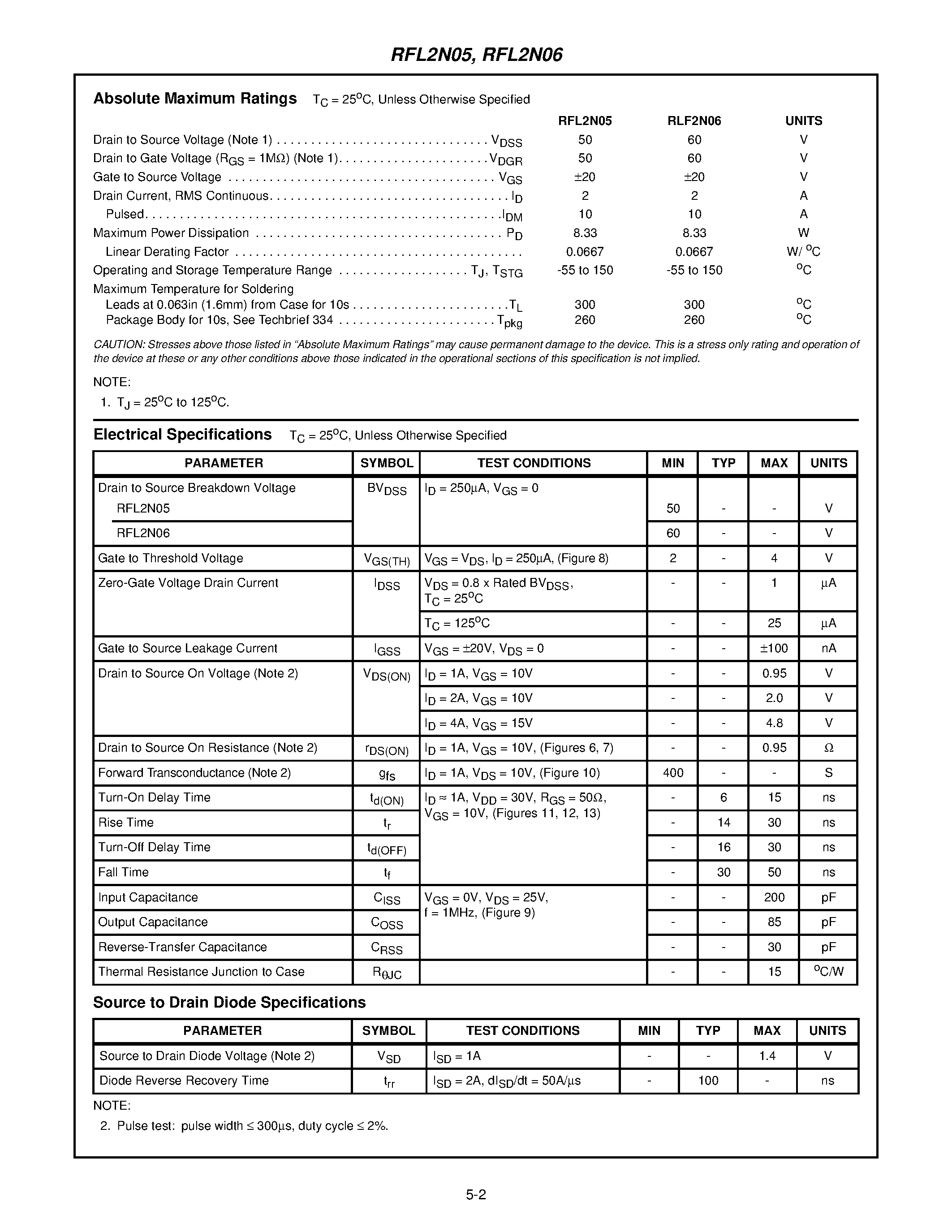 Datasheet RFL2N06 page 2 Datasheet RFL2N06 - 2A/ 50V and 60V/ 0.95 Ohm/ N-Channel Power MOSFETs page 2
