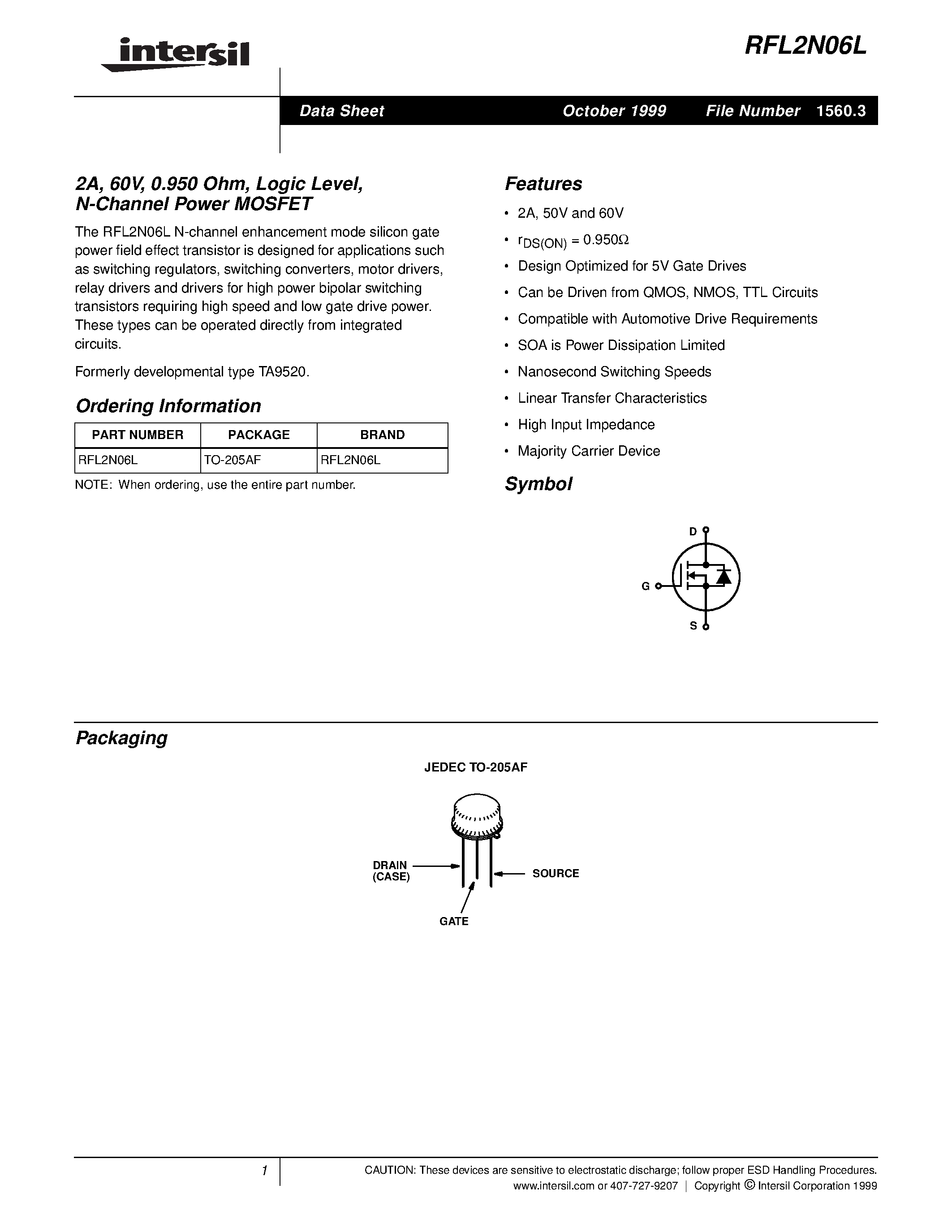 Datasheet RFL2N06L - 2A/ 60V/ 0.950 Ohm/ Logic Level/ N-Channel Power MOSFET page 1