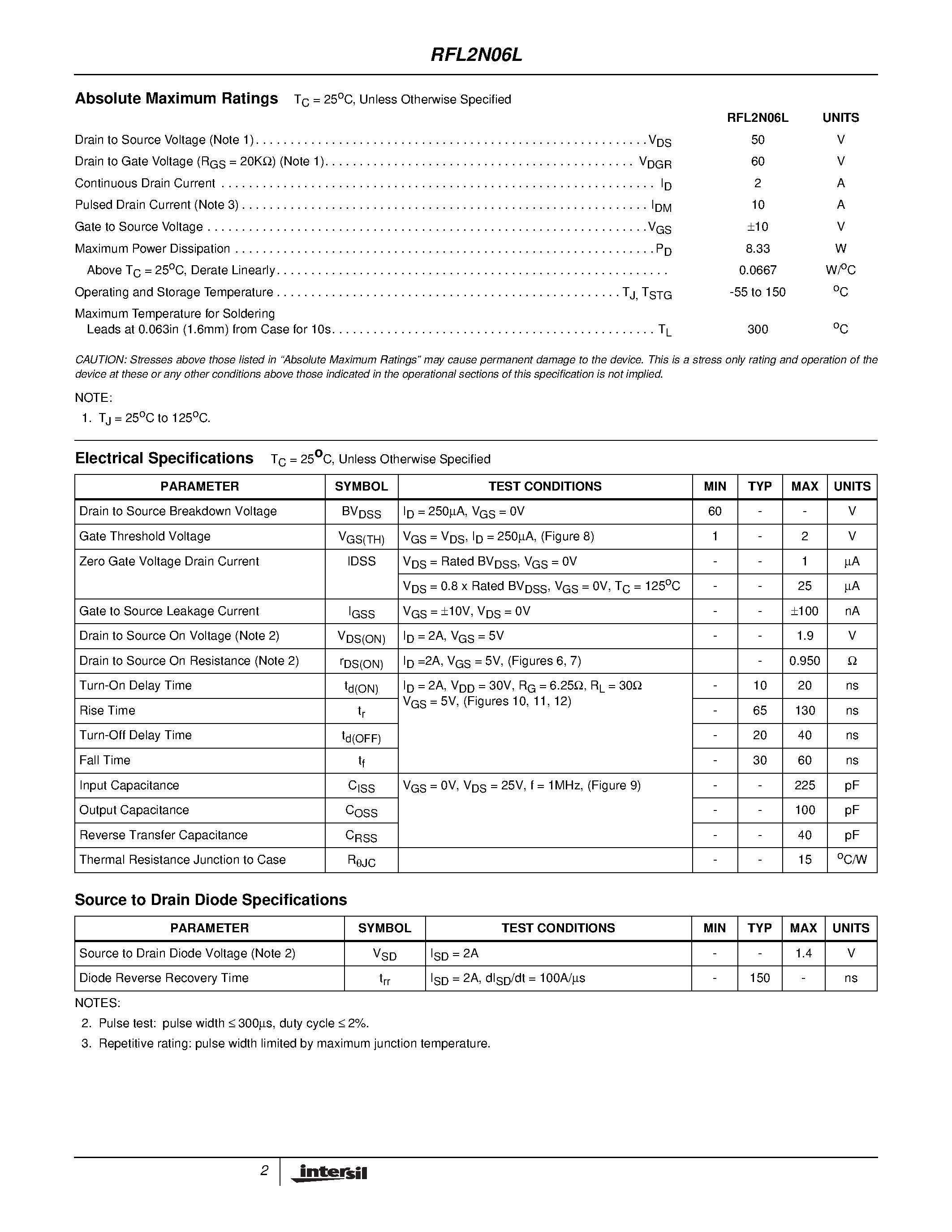 Datasheet RFL2N06L - 2A/ 60V/ 0.950 Ohm/ Logic Level/ N-Channel Power MOSFET page 2