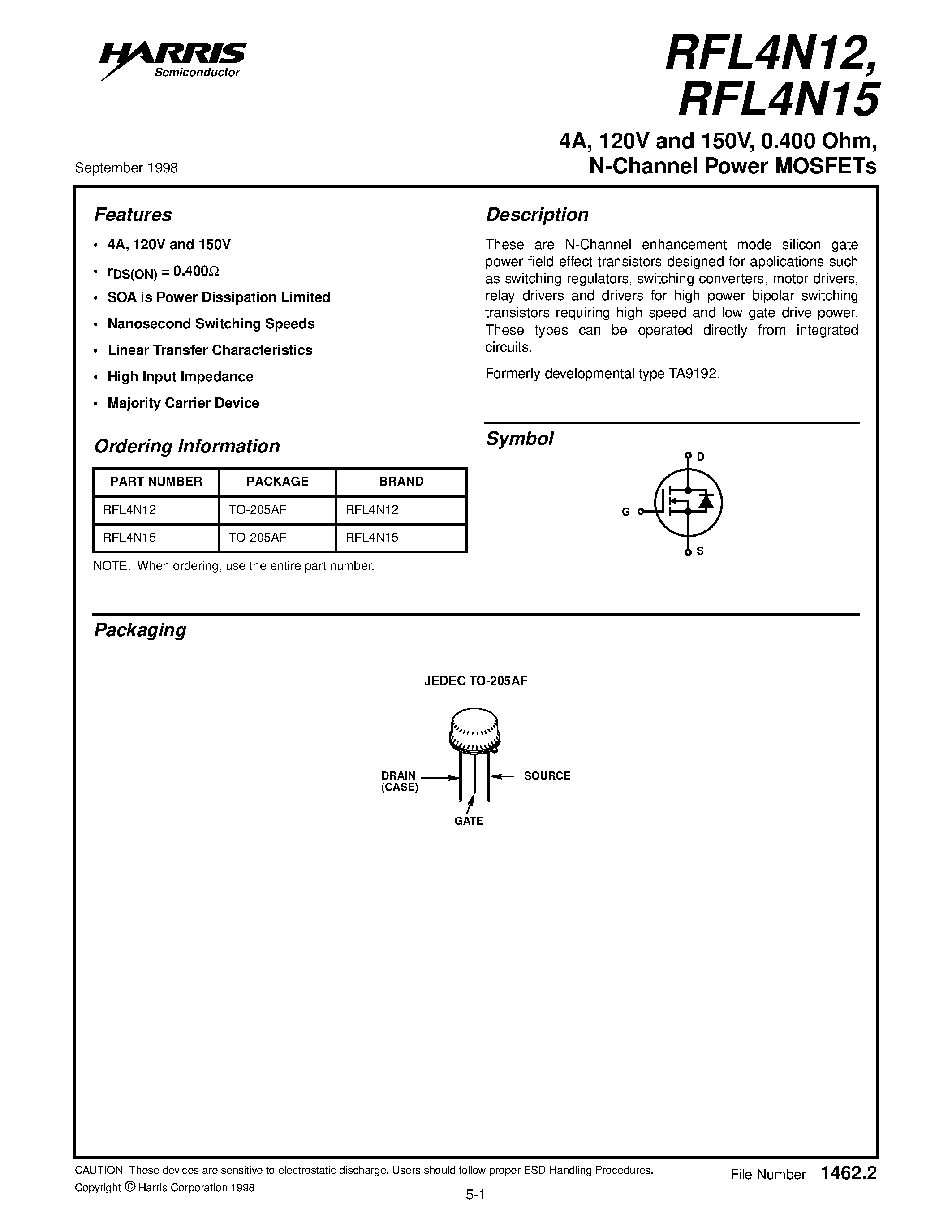 Datasheet RFL4N12 - 4A/ 120V and 150V/ 0.400 Ohm/ N-Channel Power MOSFETs page 1