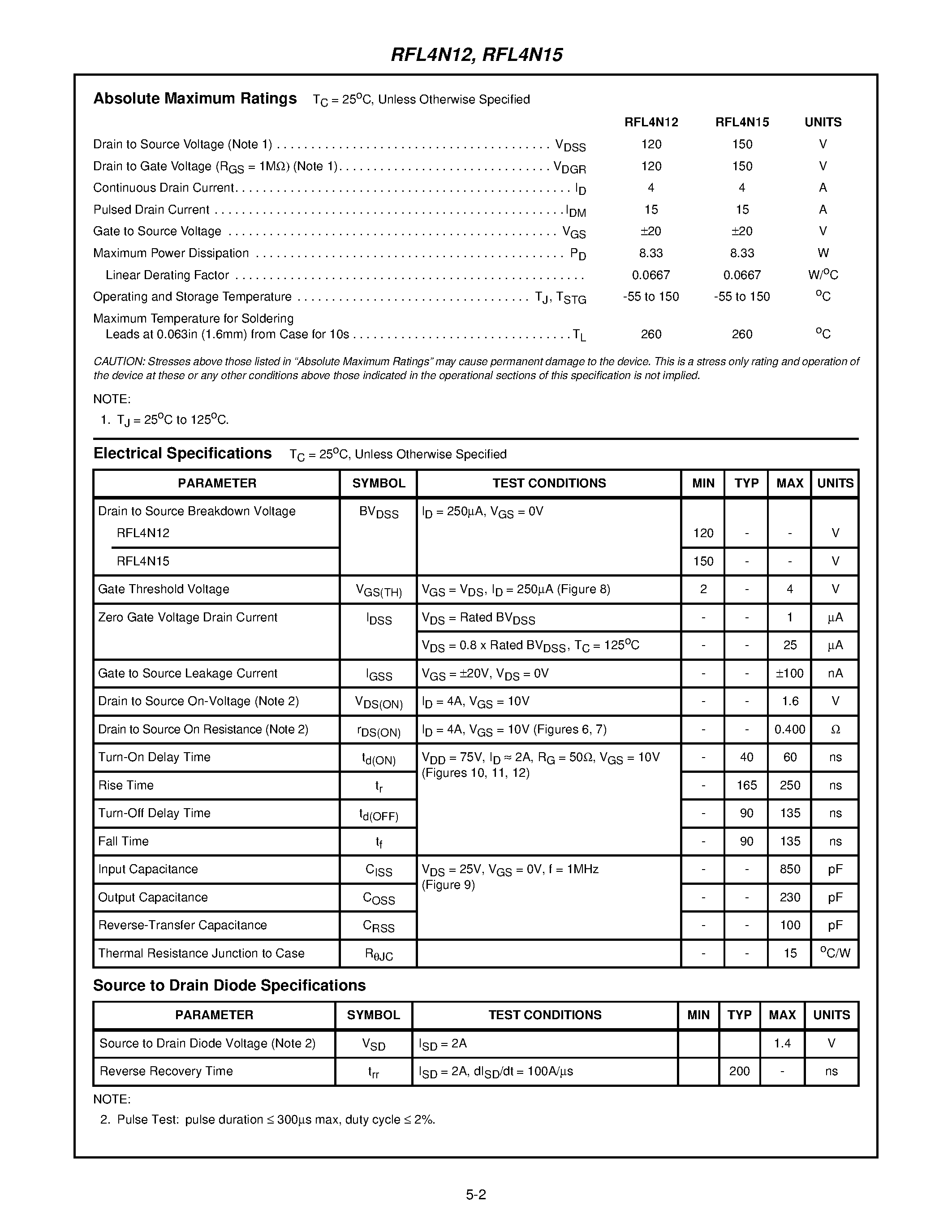 Datasheet RFL4N12 - 4A/ 120V and 150V/ 0.400 Ohm/ N-Channel Power MOSFETs page 2