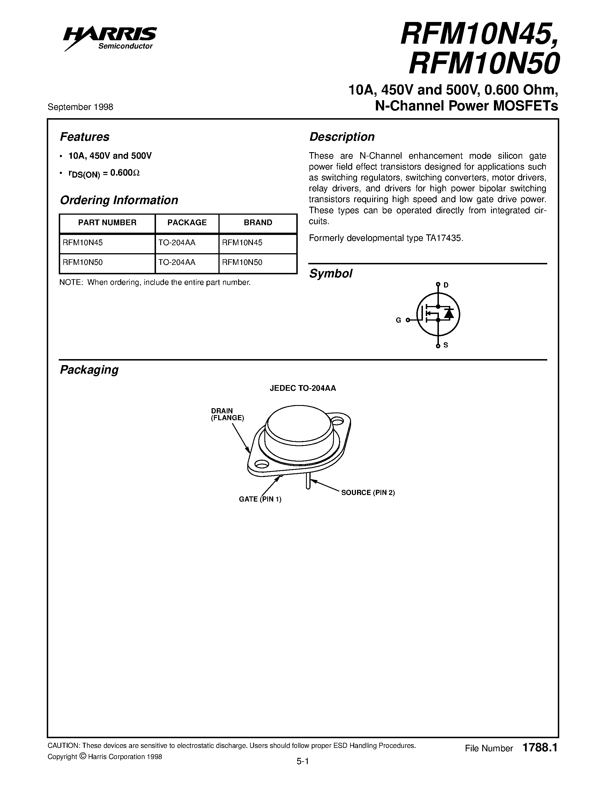 Datasheet RFM10N45 page 1 Datasheet RFM10N45 - 10A/ 450V and 500V/ 0.600 Ohm/ N-Channel Power MOSFETs page 1