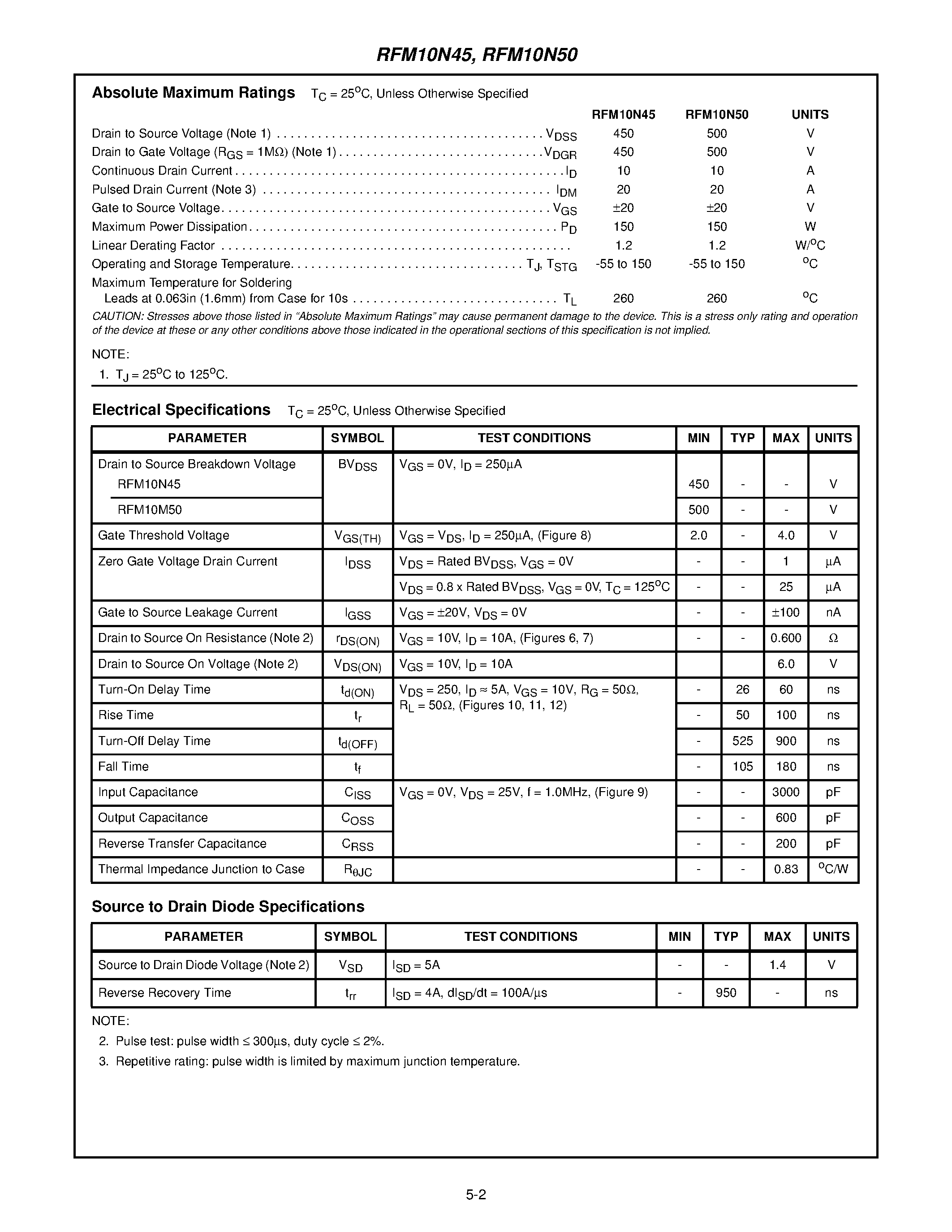 Datasheet RFM10N45 page 2 Datasheet RFM10N45 - 10A/ 450V and 500V/ 0.600 Ohm/ N-Channel Power MOSFETs page 2