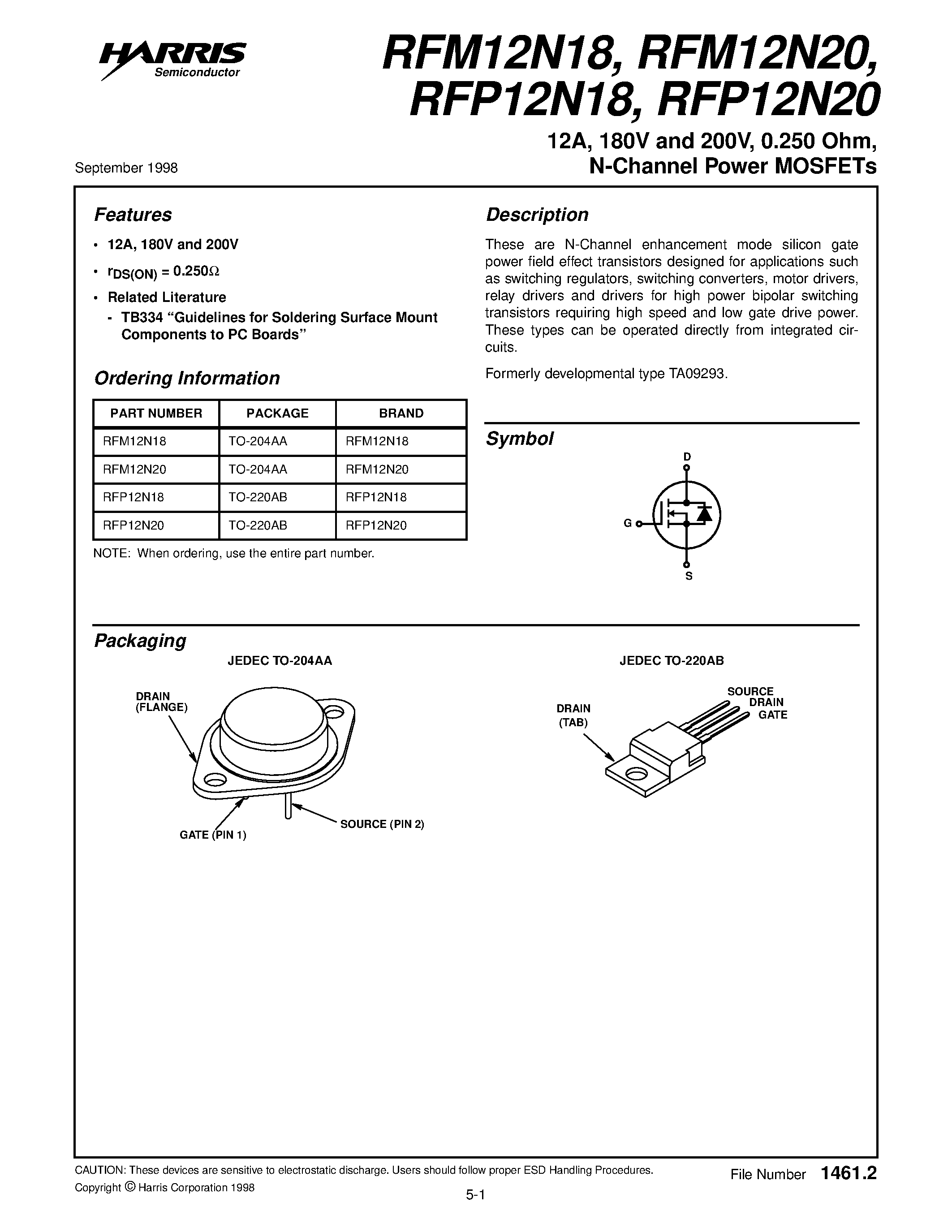 Datasheet RFM12N20 - 12A/ 180V and 200V/ 0.250 Ohm/ N-Channel Power MOSFETs page 1
