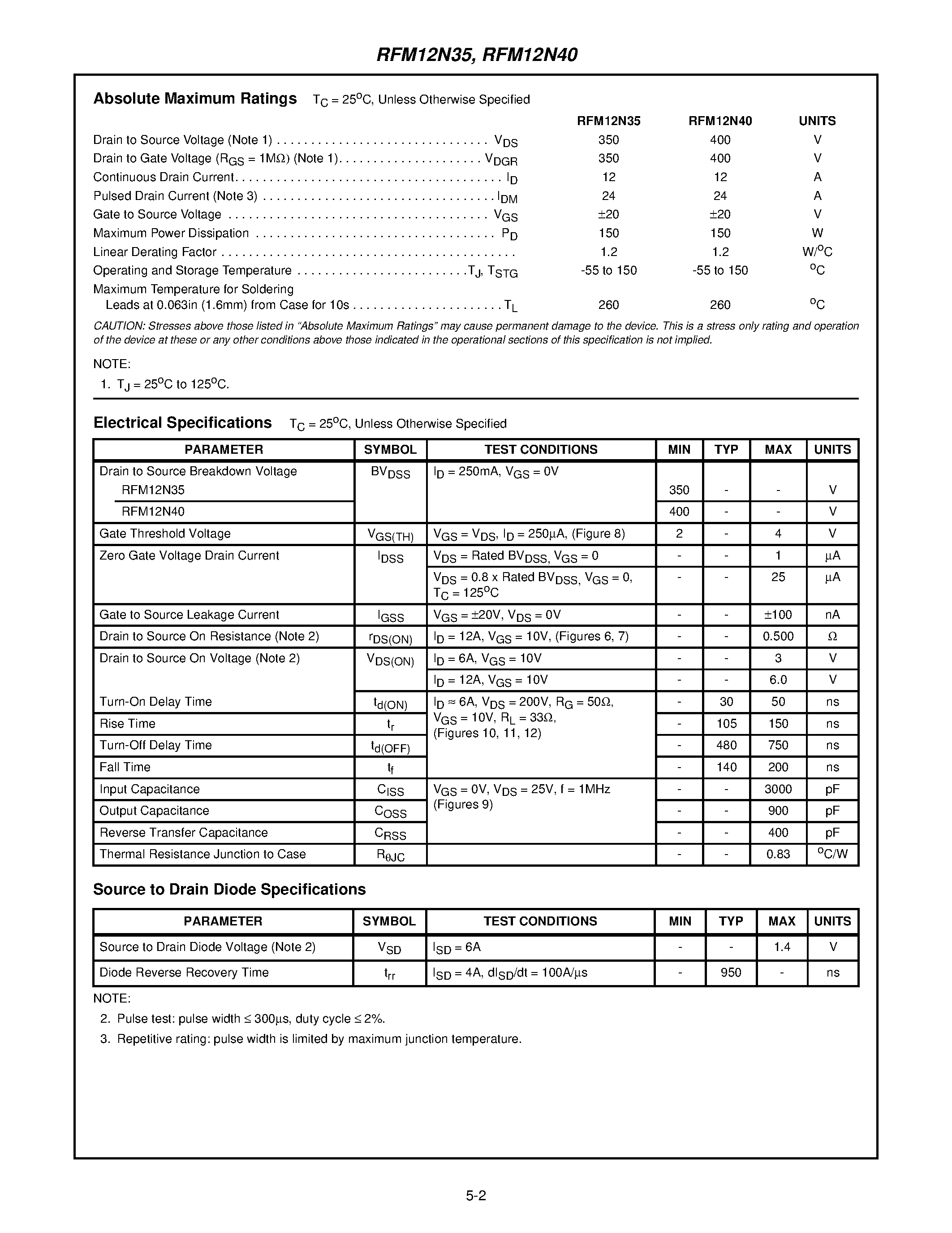 Datasheet RFM12N35 page 2 Datasheet RFM12N35 - 12A/ 350V and 400V/ 0.500 Ohm/ N-Channel Power MOSFETs page 2